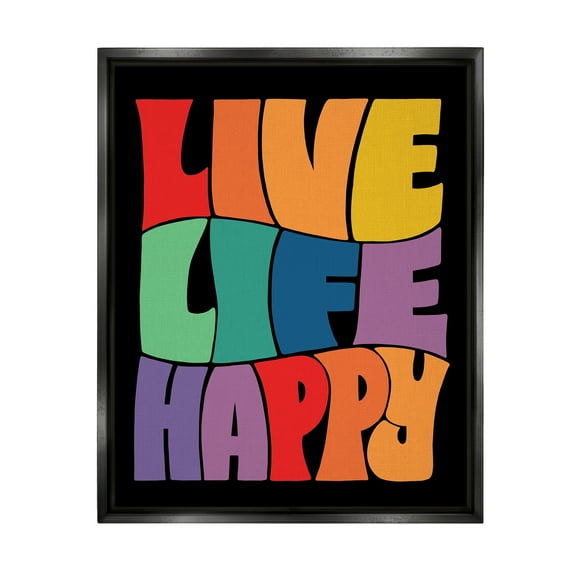 Stupell Industries Live Life Happy Groovy Phrase Holiday Painting Black Floater Framed Art Print Wall Art
