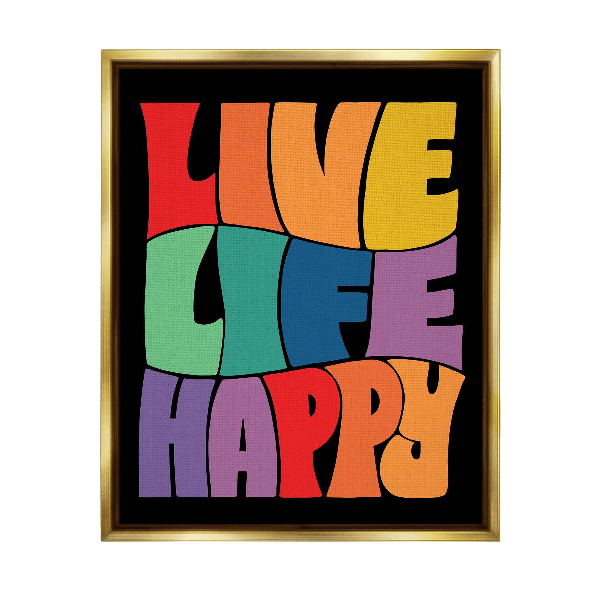 Stupell Industries Live Life Happy Groovy Phrase Holiday Painting Gold Floater Framed Art Print Wall Art