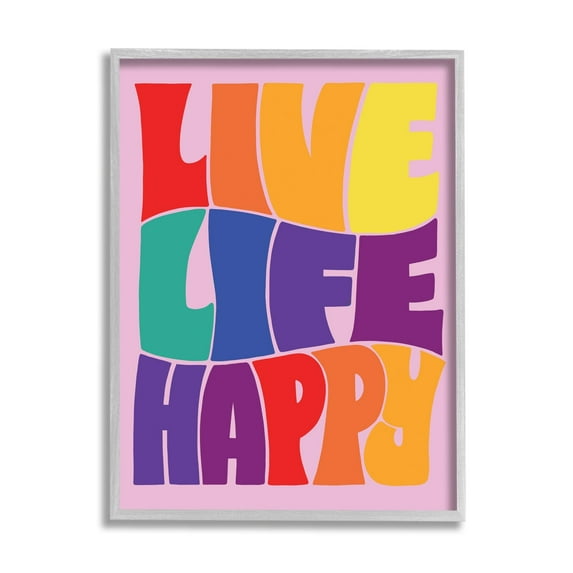 Stupell Industries Live Life Happy Rainbow Phrase Holiday Painting Gray Framed Art Print Wall Art