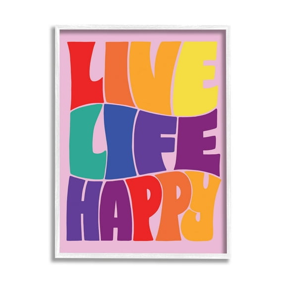 Stupell Industries Live Life Happy Rainbow Phrase Holiday Painting White Framed Art Print Wall Art