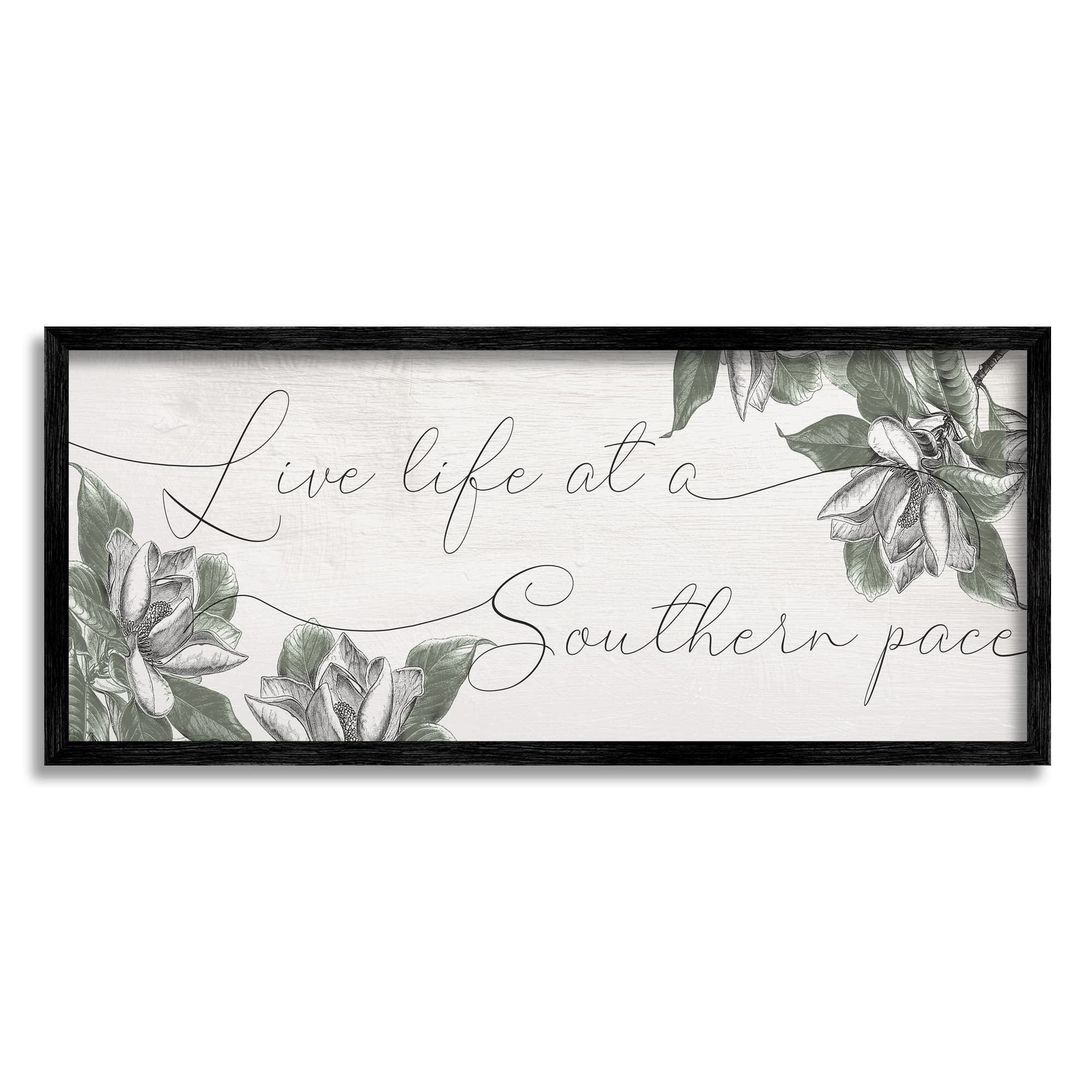 Stupell Industries Live Life at a Southern Pace Vintage Magnolia Florals Graphic Art Black Framed Art Print Wall Art, 13x30, by Daphne Polselli