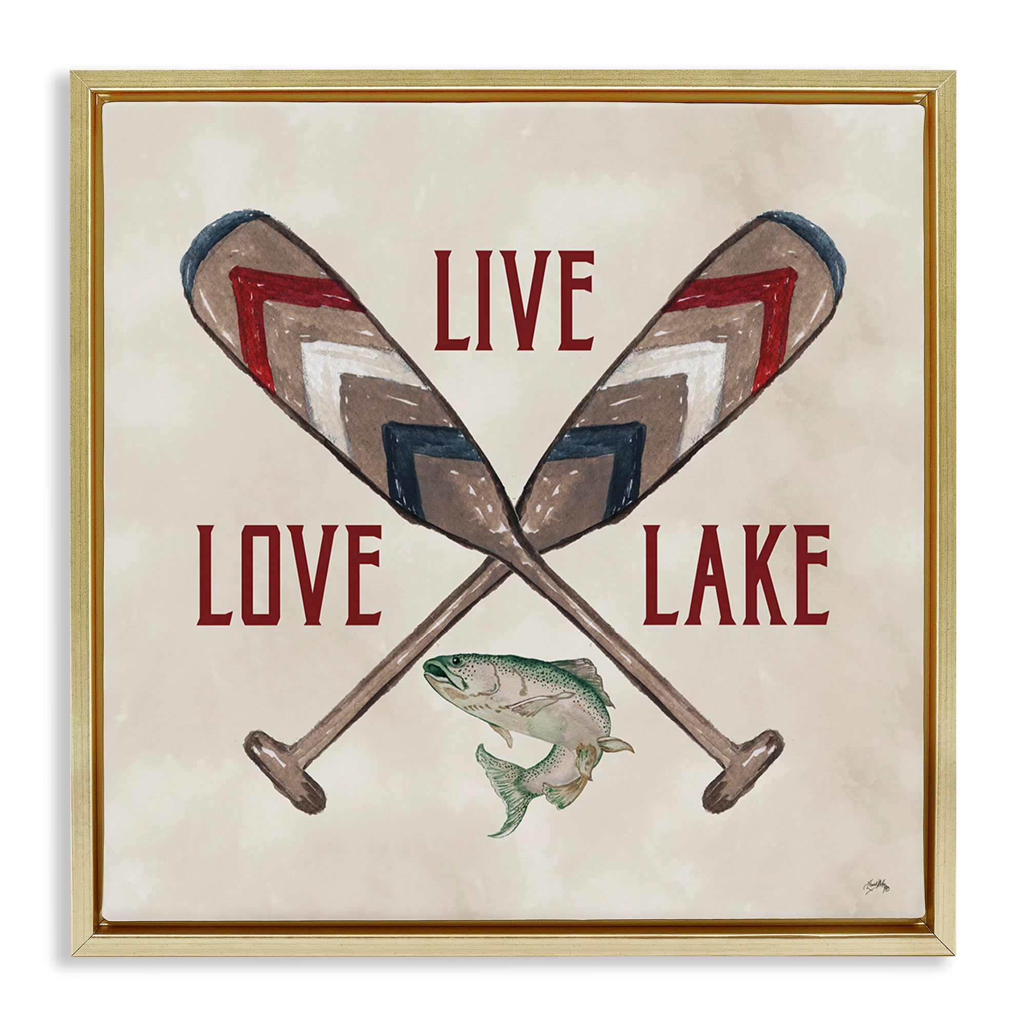 Stupell Industries Live Love Lake Oars Typography Painting Gold Floater Framed Canvas Art Print Wall Art, 18 x 18