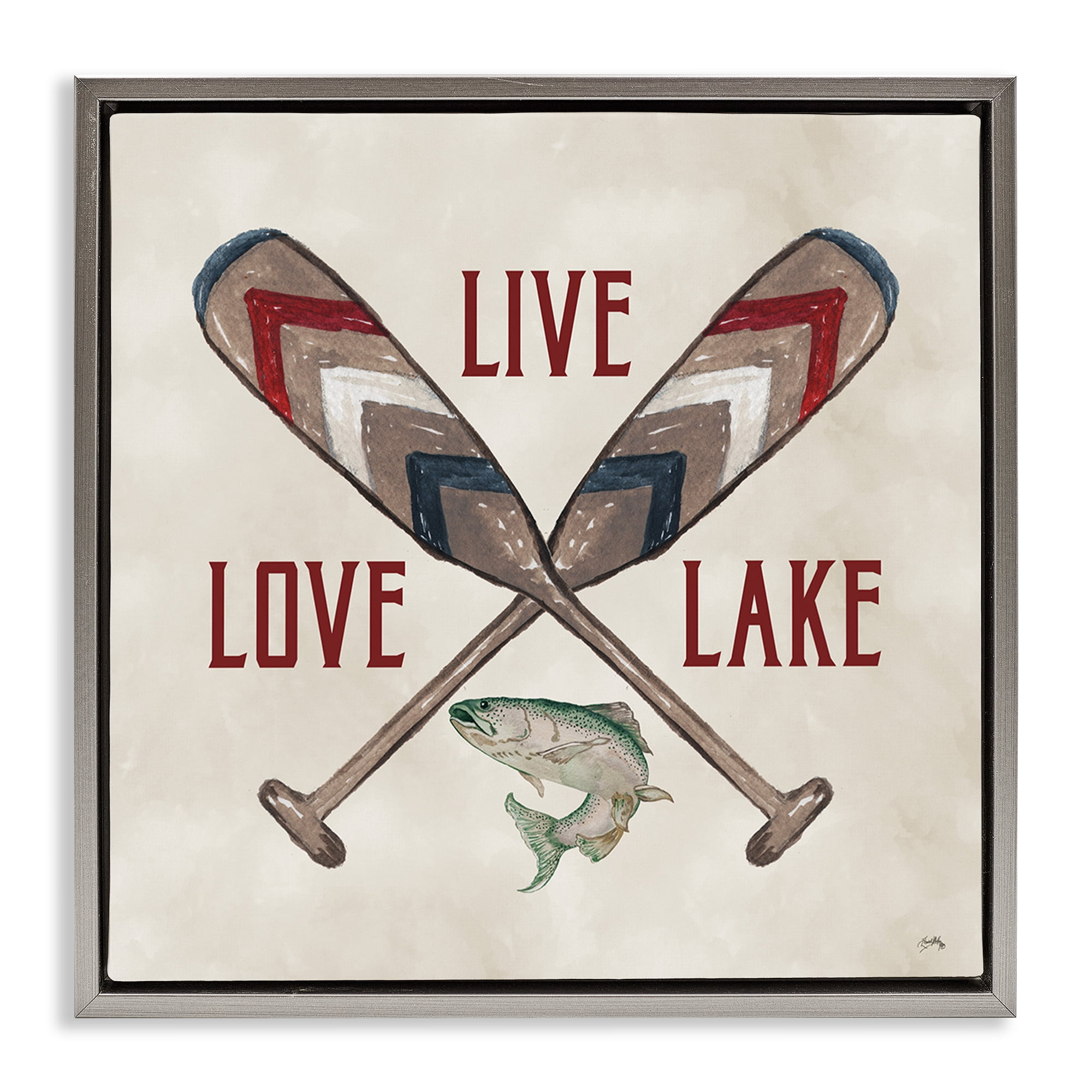 Stupell Industries Live Love Lake Oars Typography Painting Gray Floater Framed Canvas Art Print Wall Art, 18 x 18