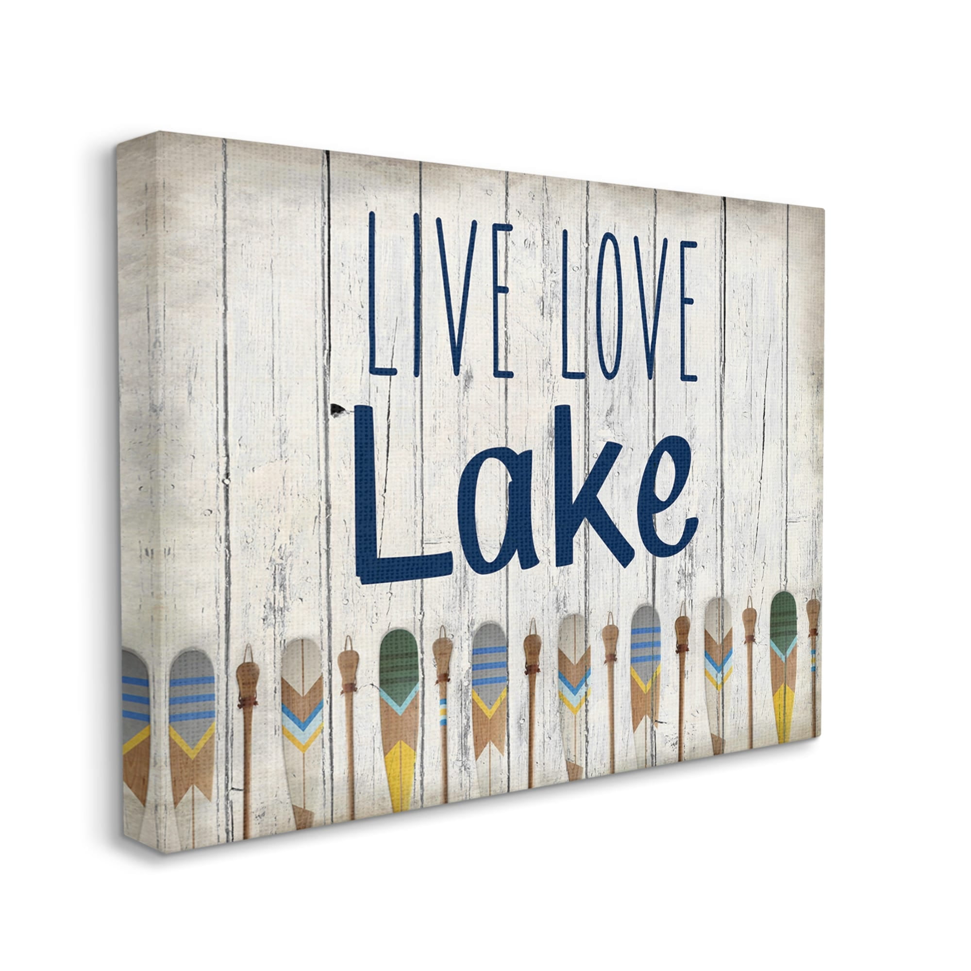 Stupell Industries Live Love Lake Phrase Boating Blue Yellow Paddles Word Design Canvas Wall Art Design by Kim Allen, 30" x 40"
