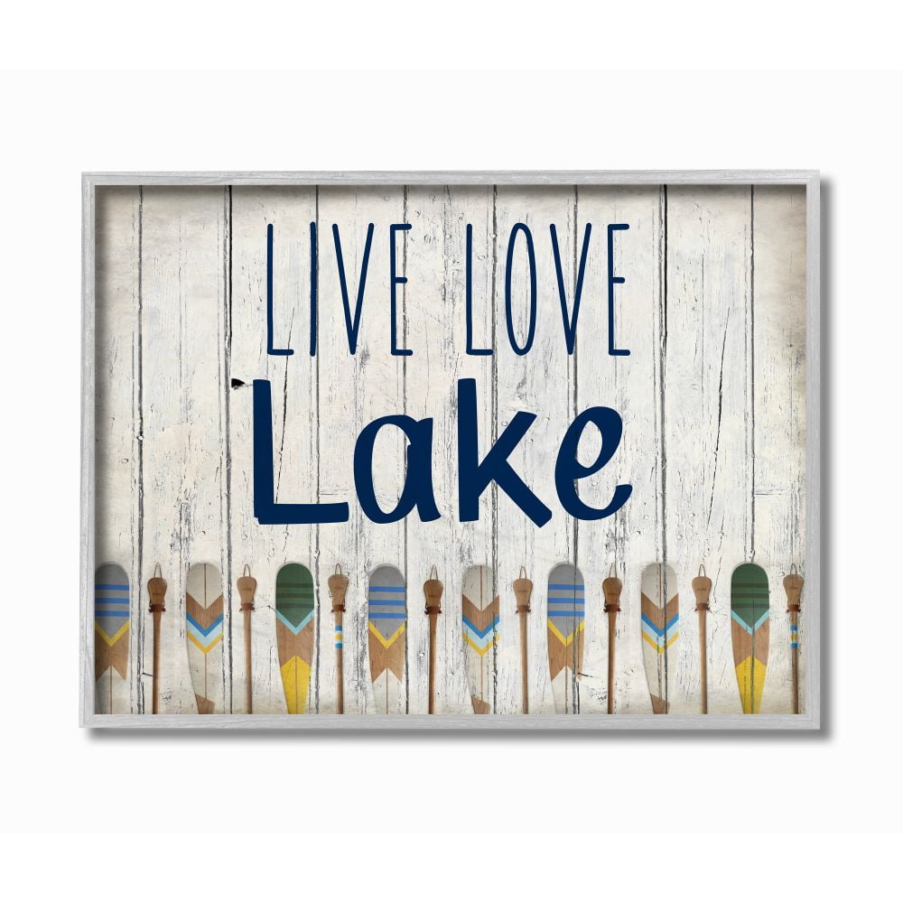 Stupell Industries Live Love Lake Phrase Boating Blue Yellow Paddles Word Design Framed Wall Art Design by Kim Allen, 16" x 20", Gray Framed