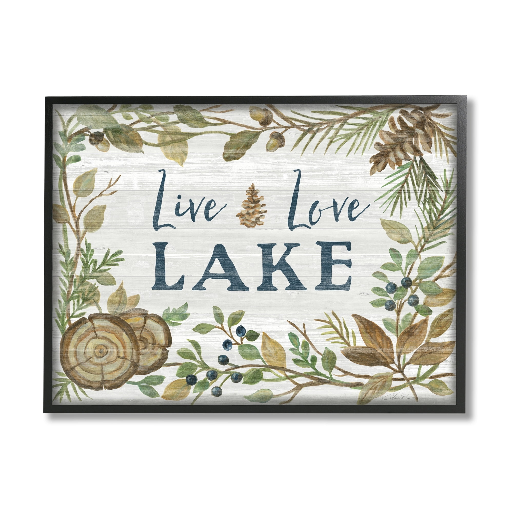 Stupell Industries Live Love Lake Quote Rustic Lakehouse Botanical Frame Graphic Art Black Framed Art Print Wall Art, 30x24, by Silvia Vassileva