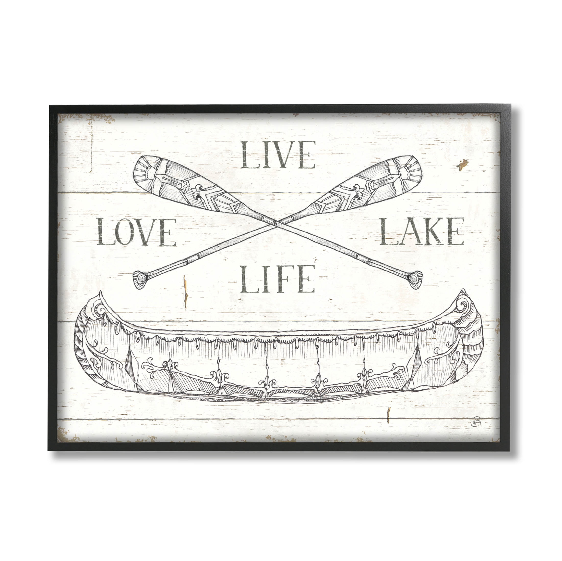 Stupell Industries Live Love Lake Rustic Canoe Oars Graphic Art Black Framed Art Print Wall Art, Design by Daphne Brissonnet