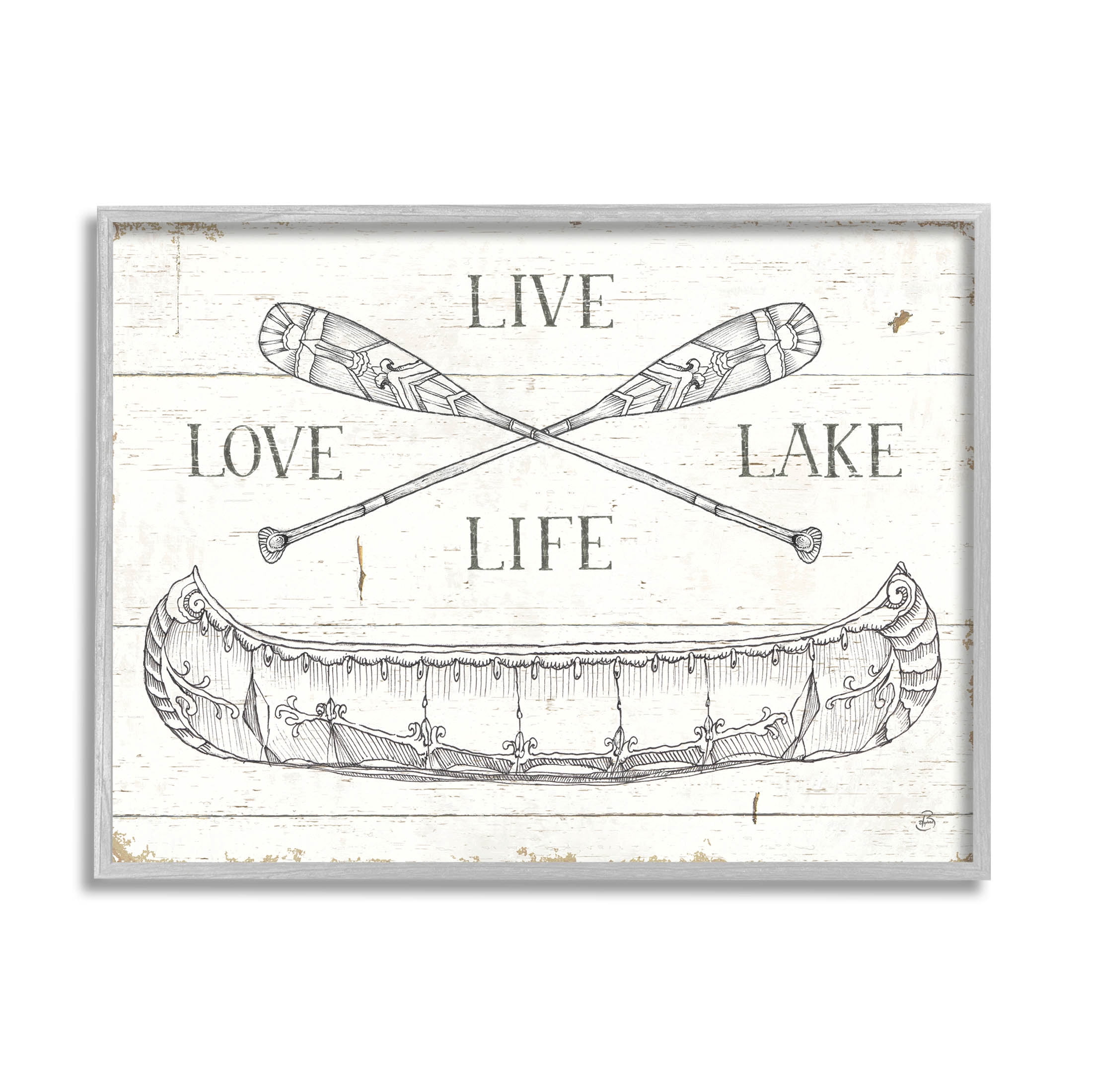 Stupell Industries Live Love Lake Rustic Canoe Oars Graphic Art Gray Framed Art Print Wall Art, Design by Daphne Brissonnet
