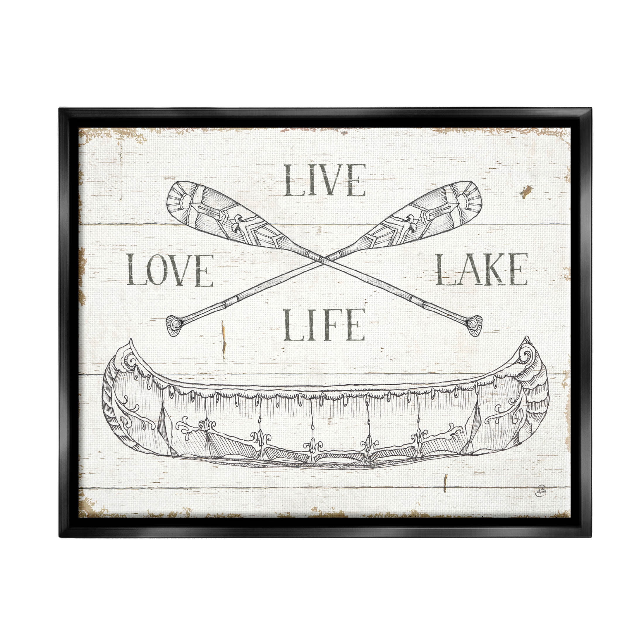 Stupell Industries Live Love Lake Rustic Canoe Oars Graphic Art Jet Black Floating Framed Canvas Print Wall Art, Design by Daphne Brissonnet