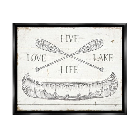 Stupell Industries Live Love Lake Rustic Canoe Oars Graphic Art Jet Black Floating Framed Canvas Print Wall Art, Design by Daphne Brissonnet