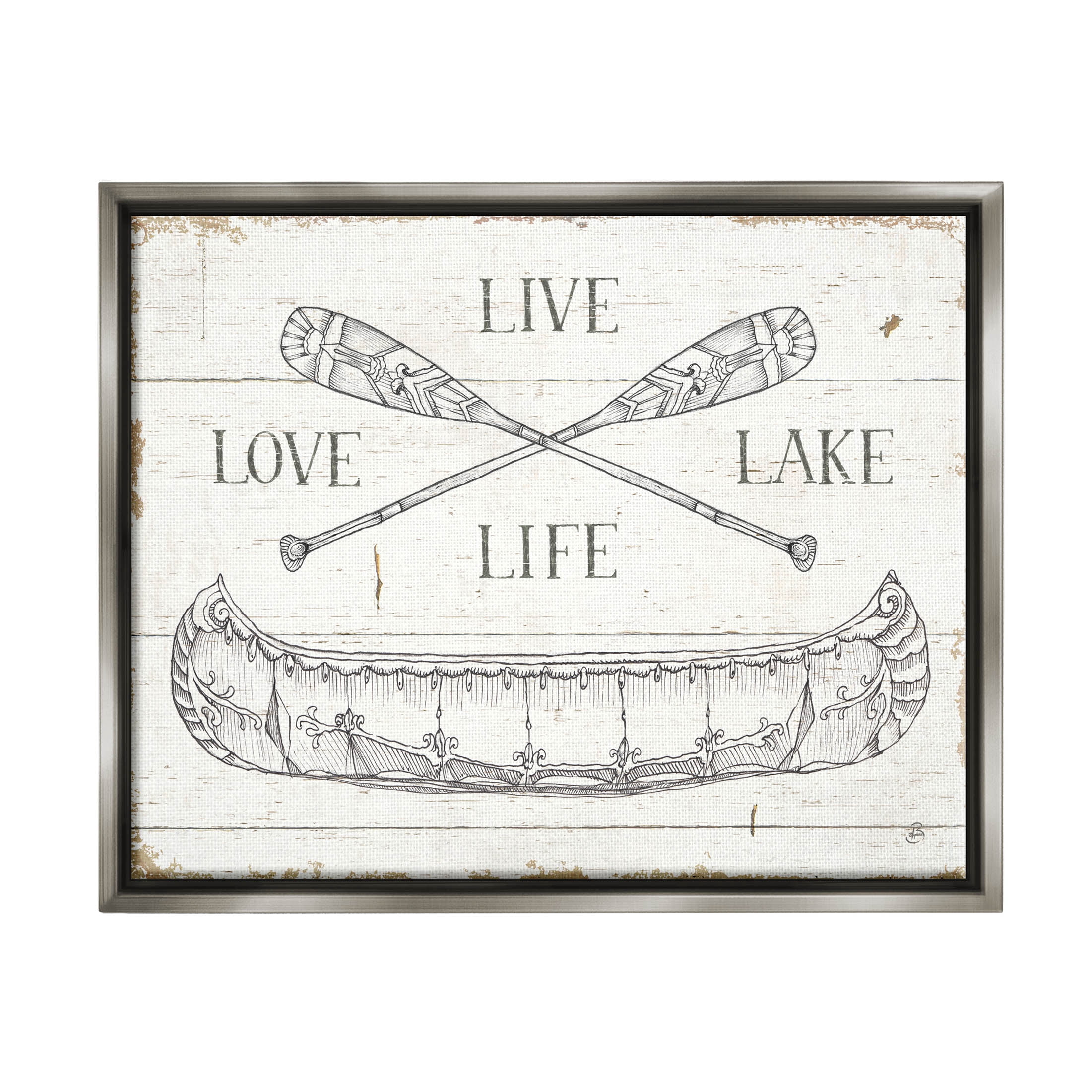 Stupell Industries Live Love Lake Rustic Canoe Oars Graphic Art Luster Gray Floating Framed Canvas Print Wall Art, Design by Daphne Brissonnet
