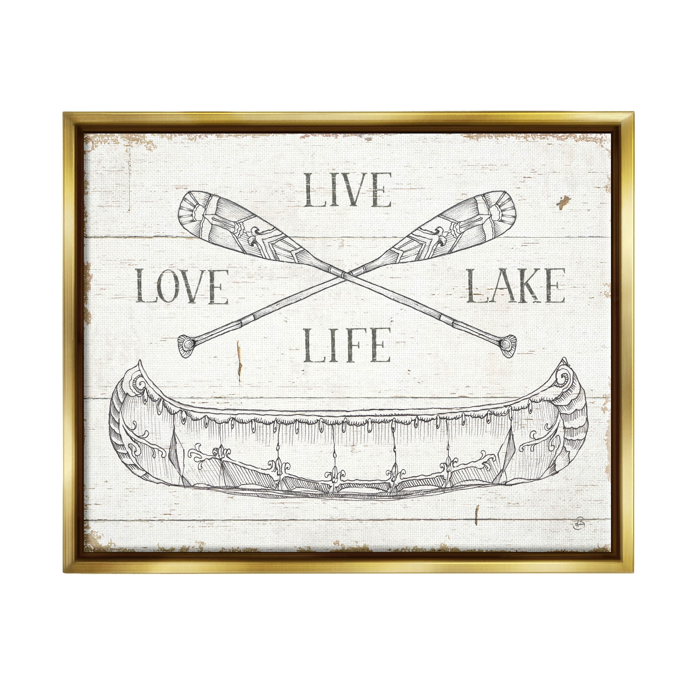 Stupell Industries Live Love Lake Rustic Canoe Oars Graphic Art Metallic Gold Floating Framed Canvas Print Wall Art, Design by Daphne Brissonnet
