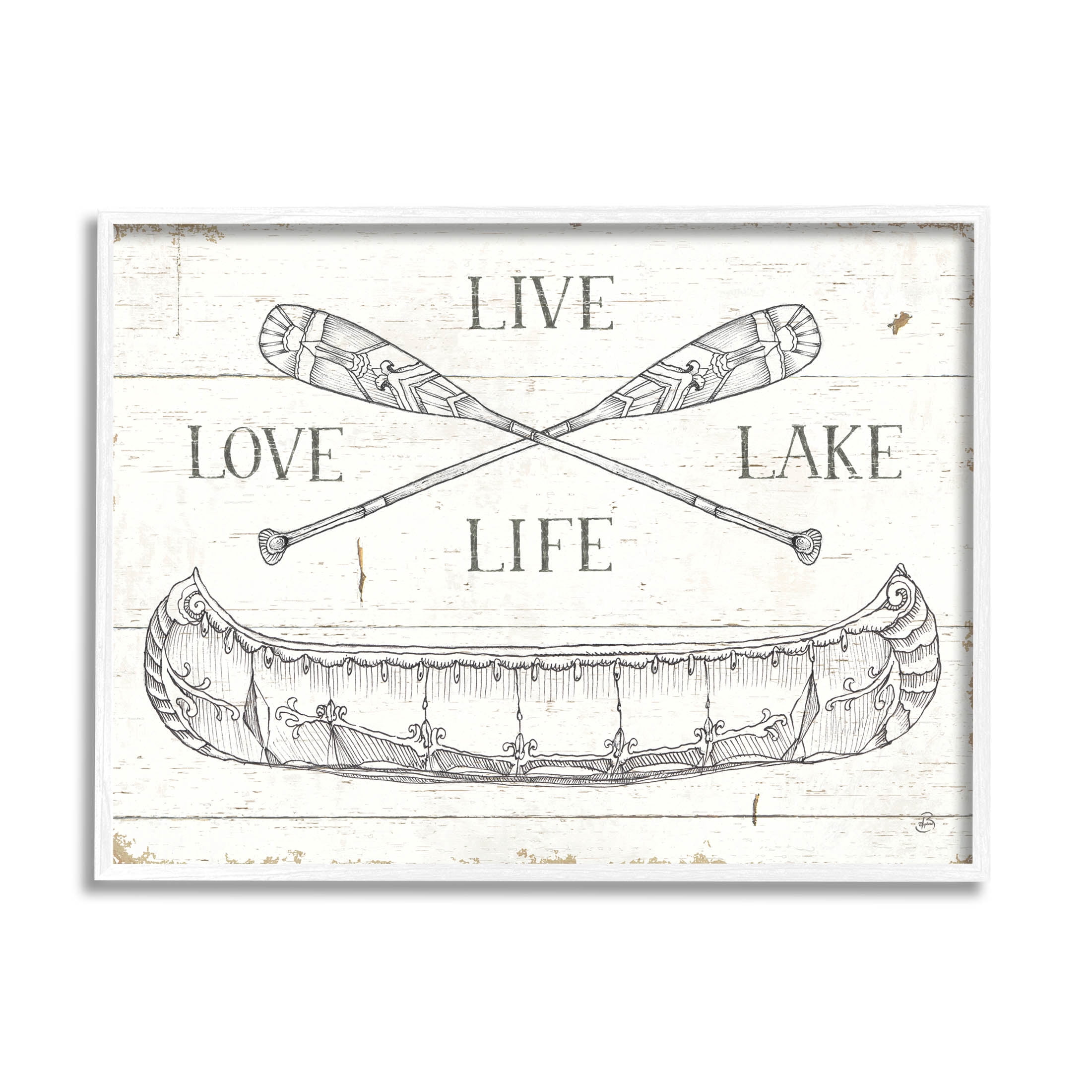 Stupell Industries Live Love Lake Rustic Canoe Oars Graphic Art White Framed Art Print Wall Art, Design by Daphne Brissonnet