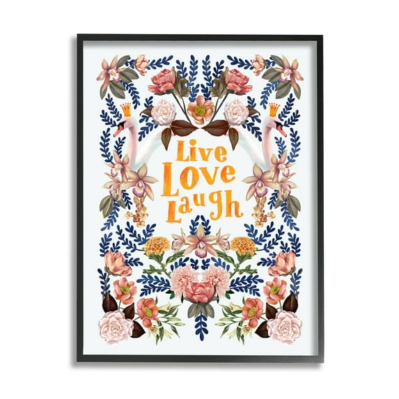 Stupell Industries Live Love Laugh Floral Crowned Swans Botanical Trim Graphic Art Black Framed Art Print Wall Art, Design by Raquel Maciel