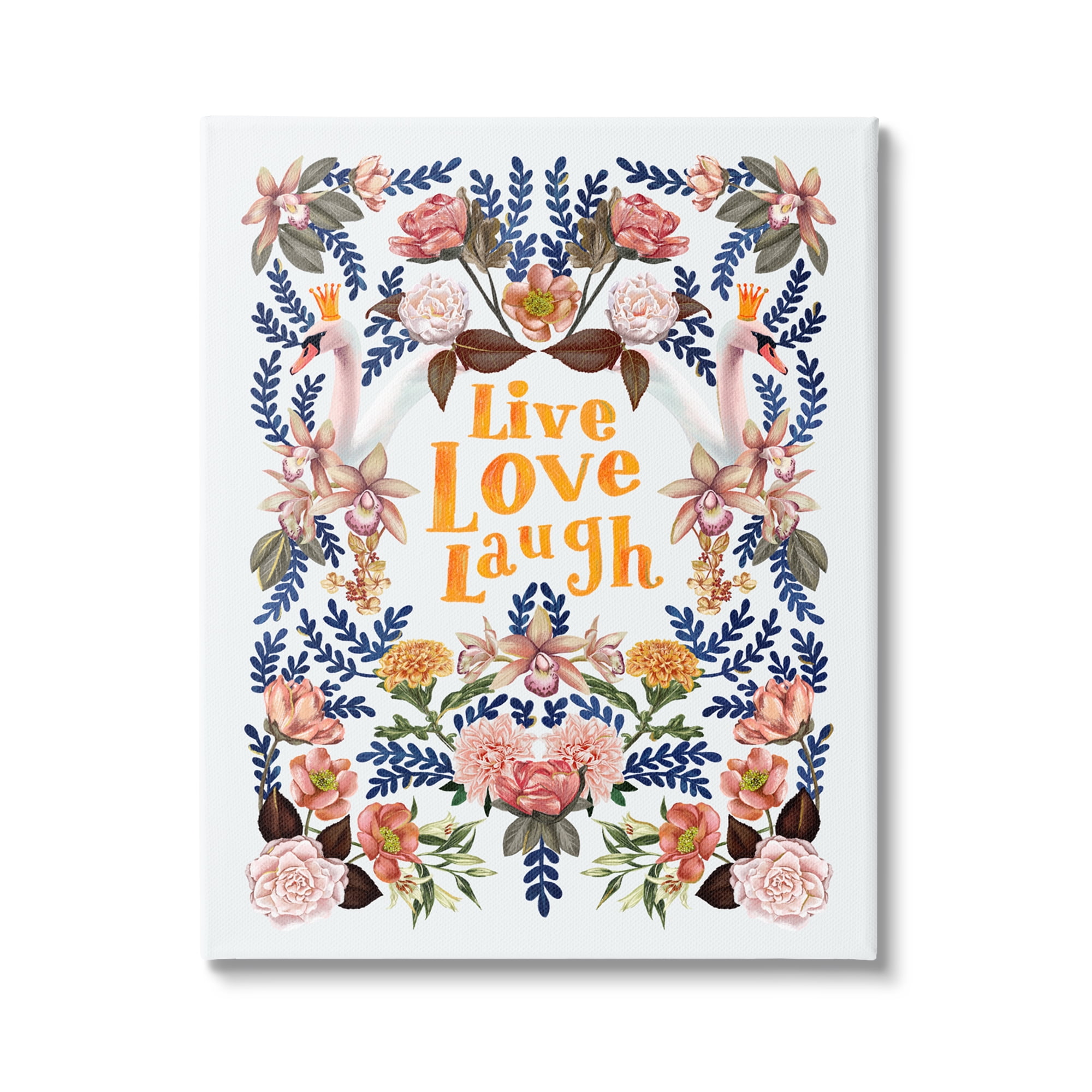 Stupell Industries Live Love Laugh Floral Crowned Swans Botanical Trim Graphic Art Gallery Wrapped Canvas Print Wall Art, Design by Raquel Maciel