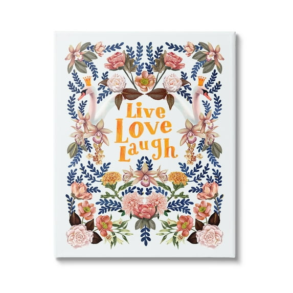 Stupell Industries Live Love Laugh Floral Crowned Swans Botanical Trim Graphic Art Gallery Wrapped Canvas Print Wall Art, Design by Raquel Maciel