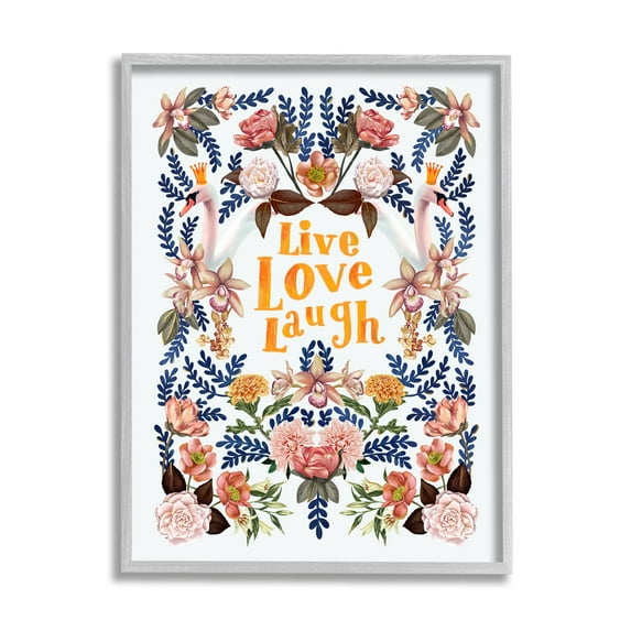 Stupell Industries Live Love Laugh Floral Crowned Swans Botanical Trim Graphic Art Gray Framed Art Print Wall Art, Design by Raquel Maciel