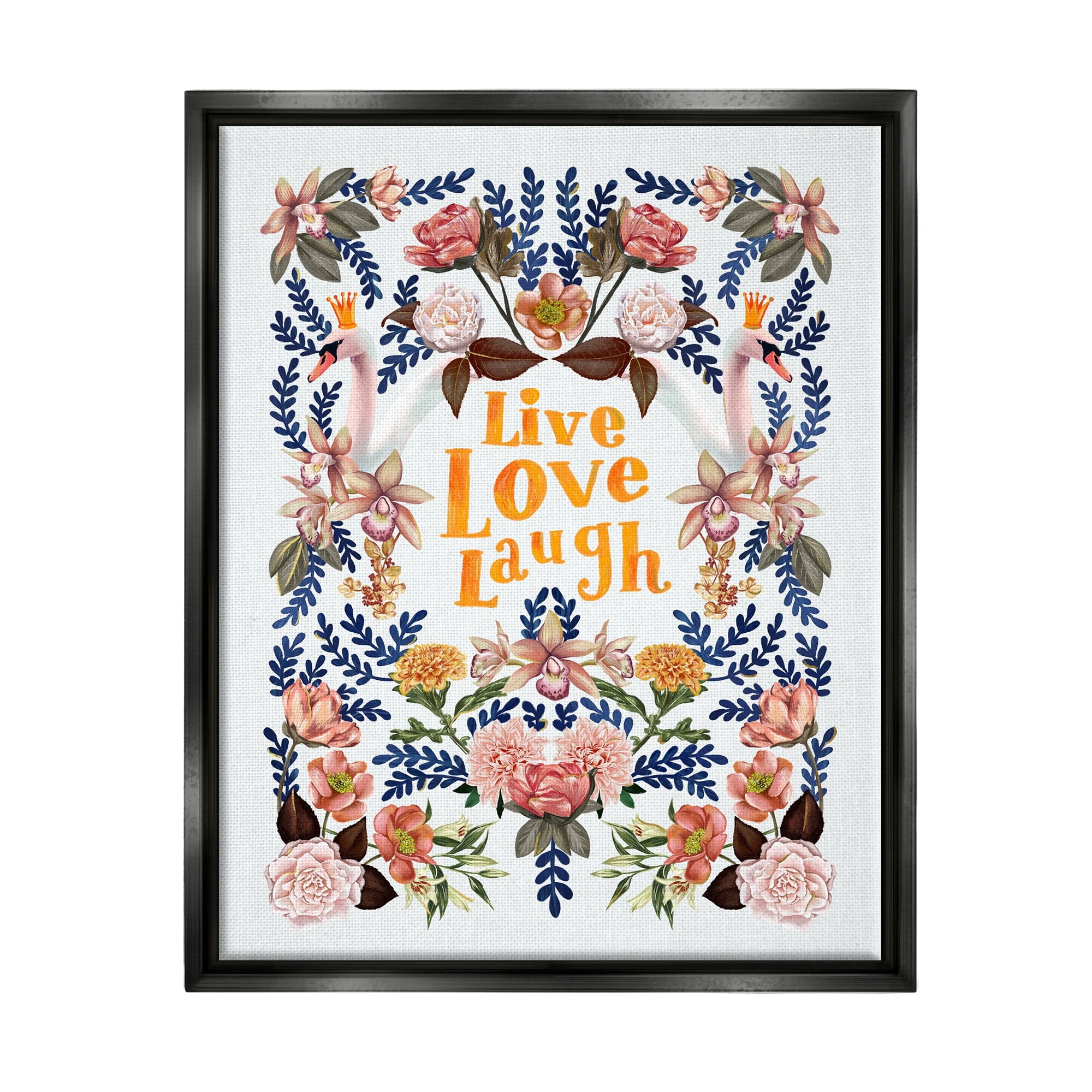 Stupell Industries Live Love Laugh Floral Crowned Swans Botanical Trim Graphic Art Jet Black Floating Framed Canvas Print Wall Art, Design by Raquel Maciel
