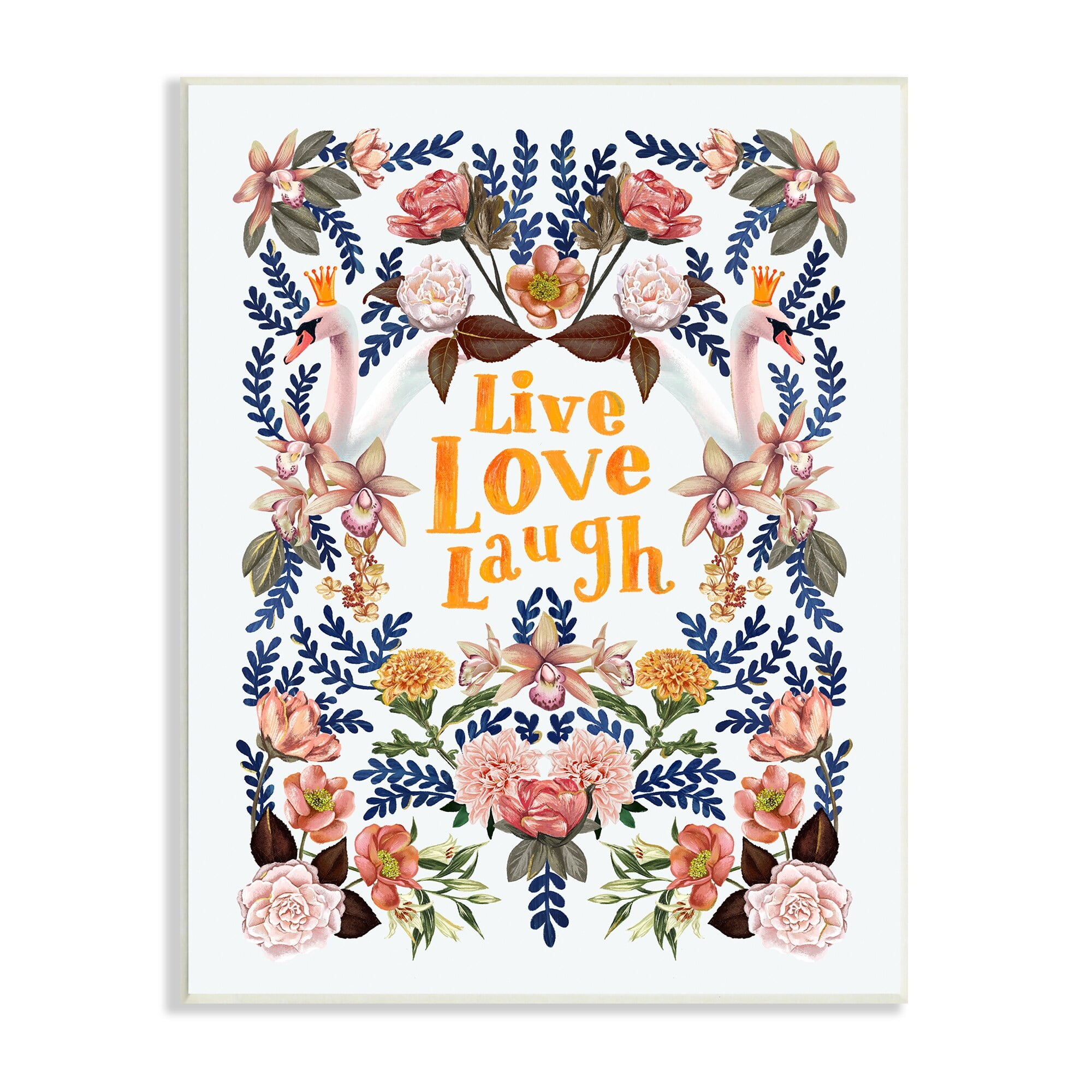 Stupell Industries Live Love Laugh Floral Crowned Swans Botanical Trim Graphic Art Unframed Art Print Wall Art, Design by Raquel Maciel