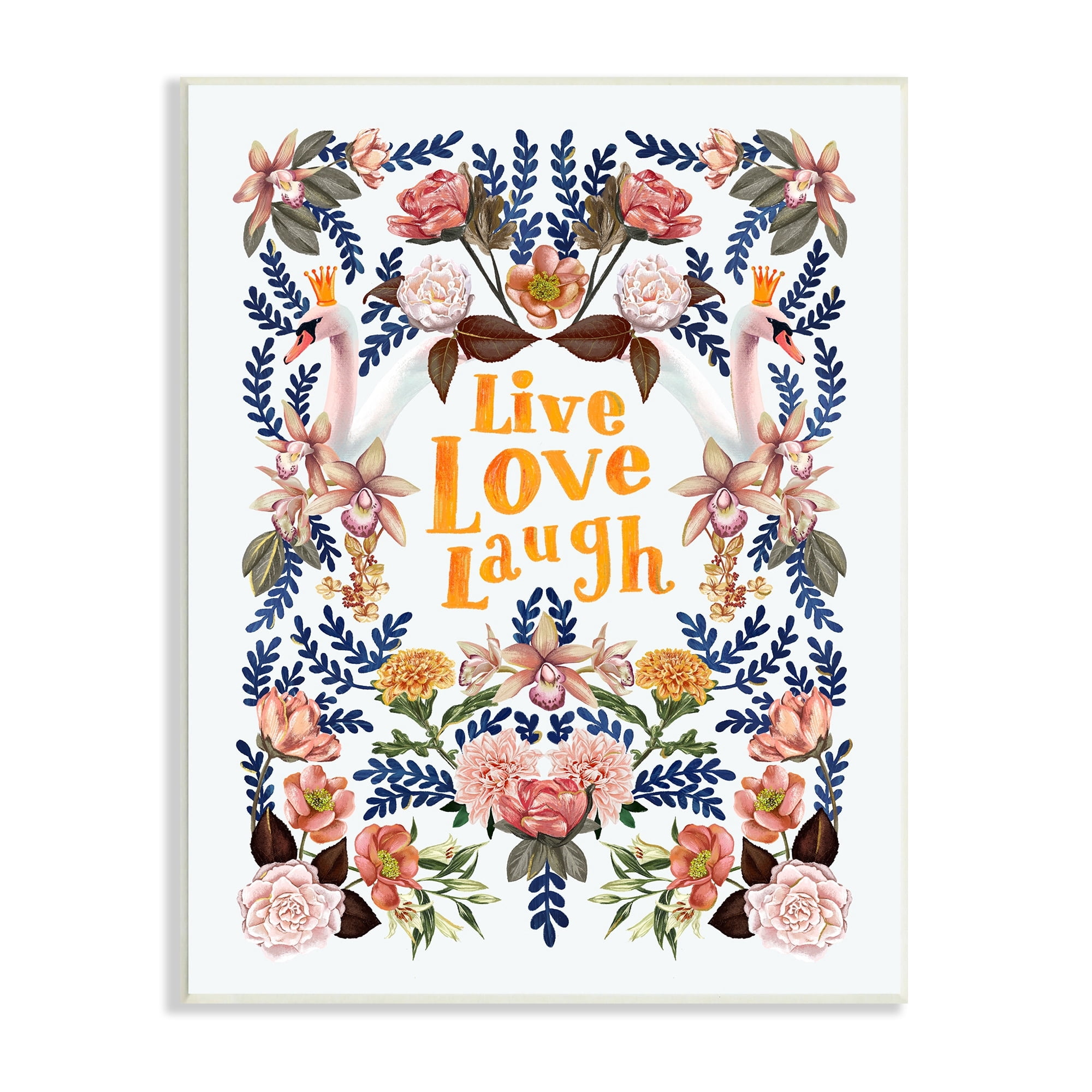 Stupell Industries Live Love Laugh Floral Crowned Swans Botanical Trim Graphic Art Unframed Art Print Wall Art, Design by Raquel Maciel