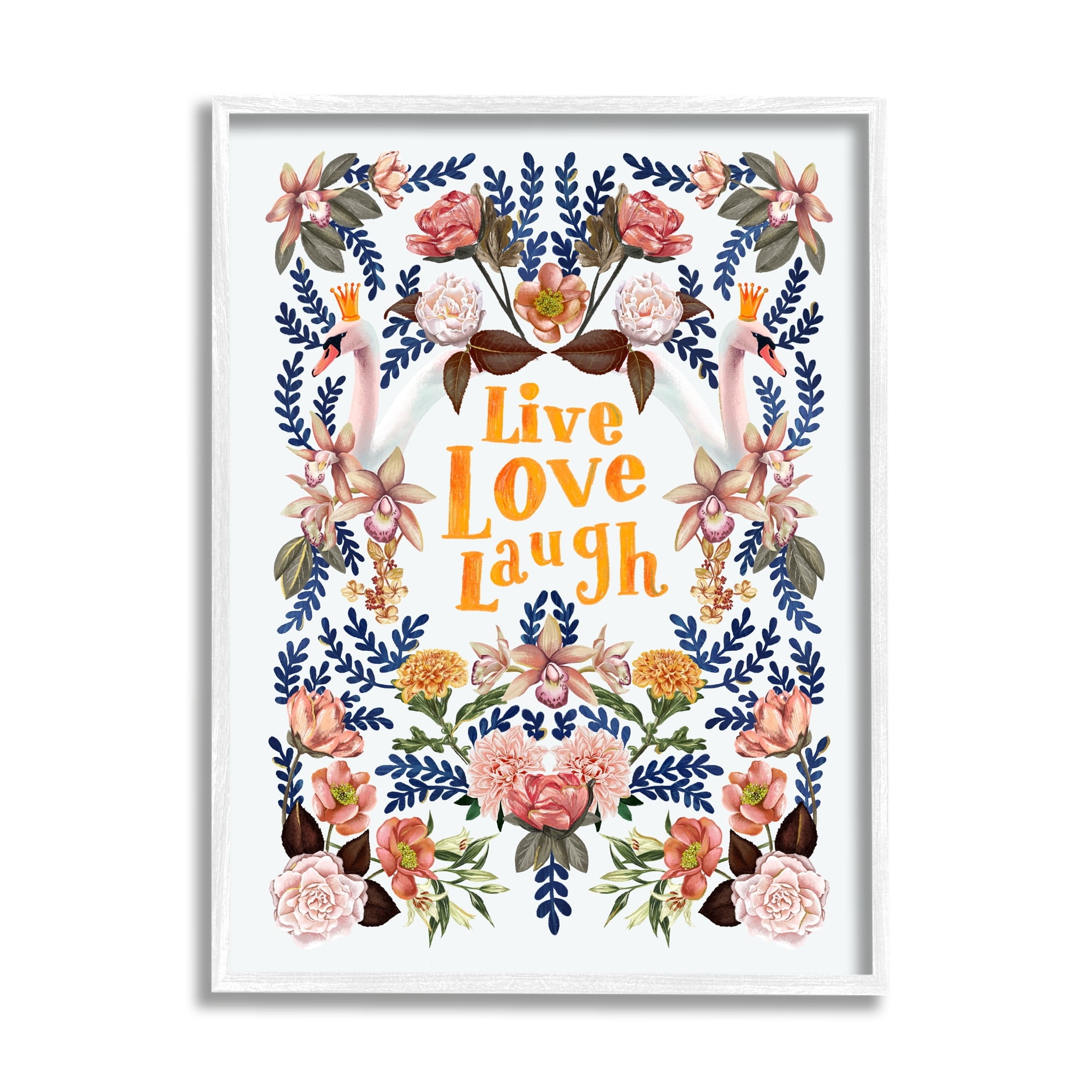 Stupell Industries Live Love Laugh Floral Crowned Swans Botanical Trim Graphic Art White Framed Art Print Wall Art, Design by Raquel Maciel
