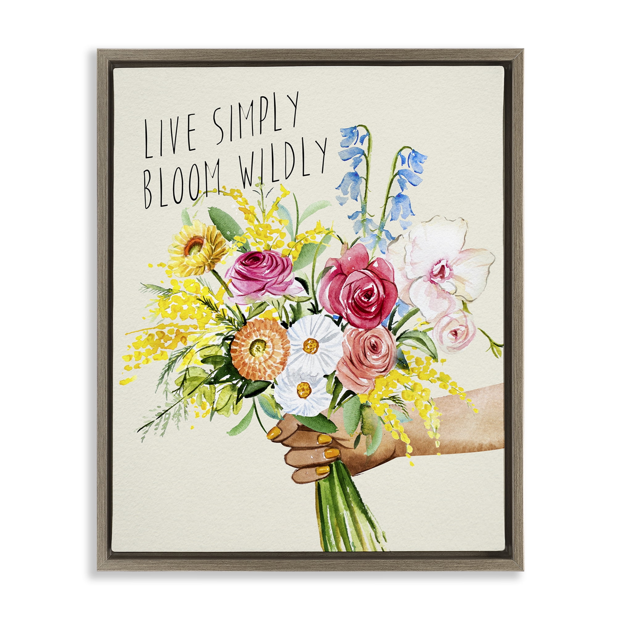 Stupell Industries Live Simply Bloom Wildly Botanical & Floral Painting Brown Floater Framed Art Print Wall Art, 17 x 21