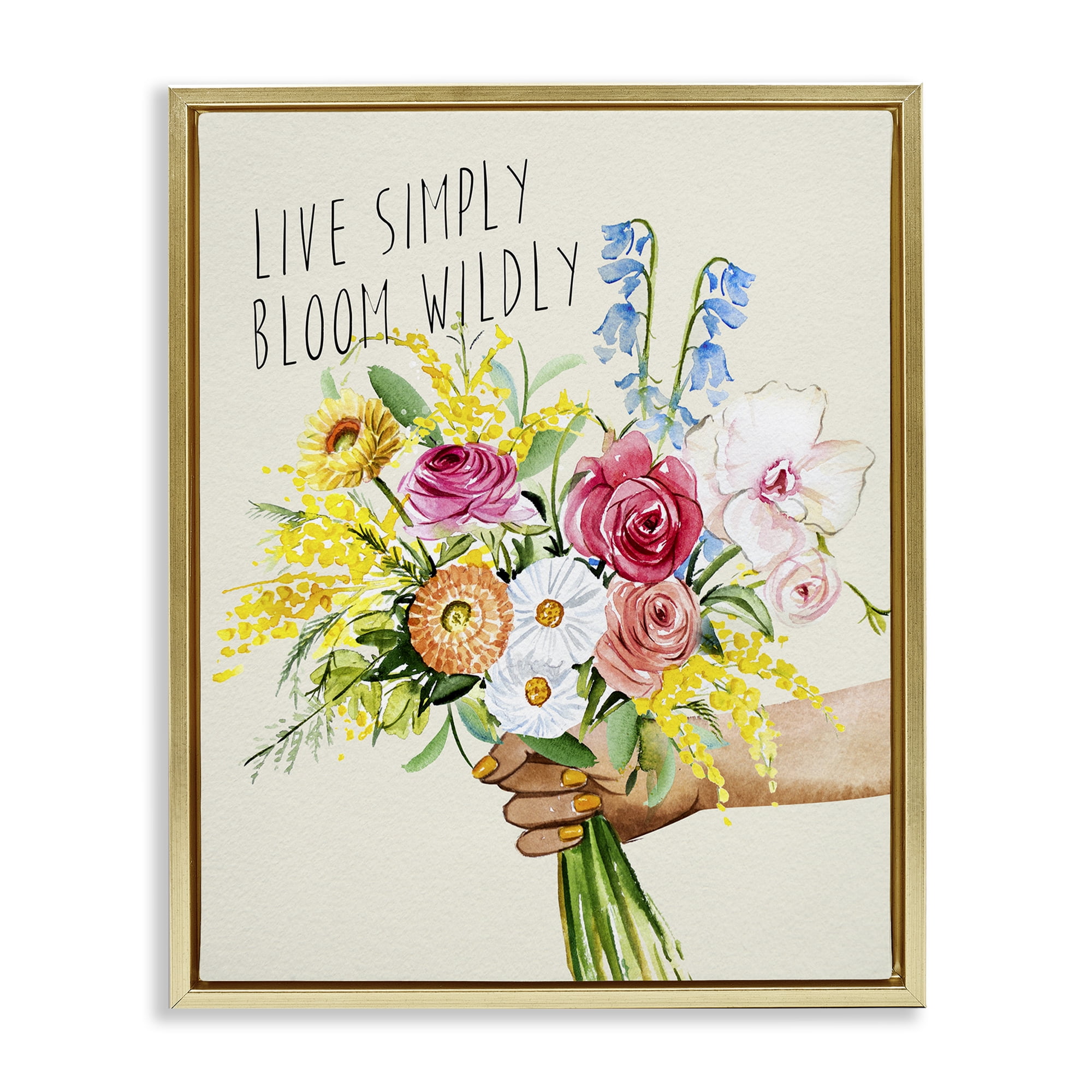 Stupell Industries Live Simply Bloom Wildly Botanical & Floral Painting Gold Floater Framed Art Print Wall Art, 17 x 21