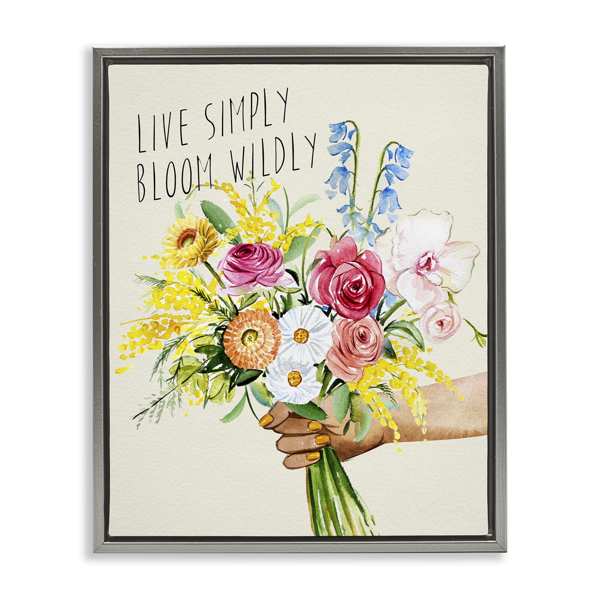 Stupell Industries Live Simply Bloom Wildly Botanical & Floral Painting Gray Floater Framed Art Print Wall Art, 17 x 21