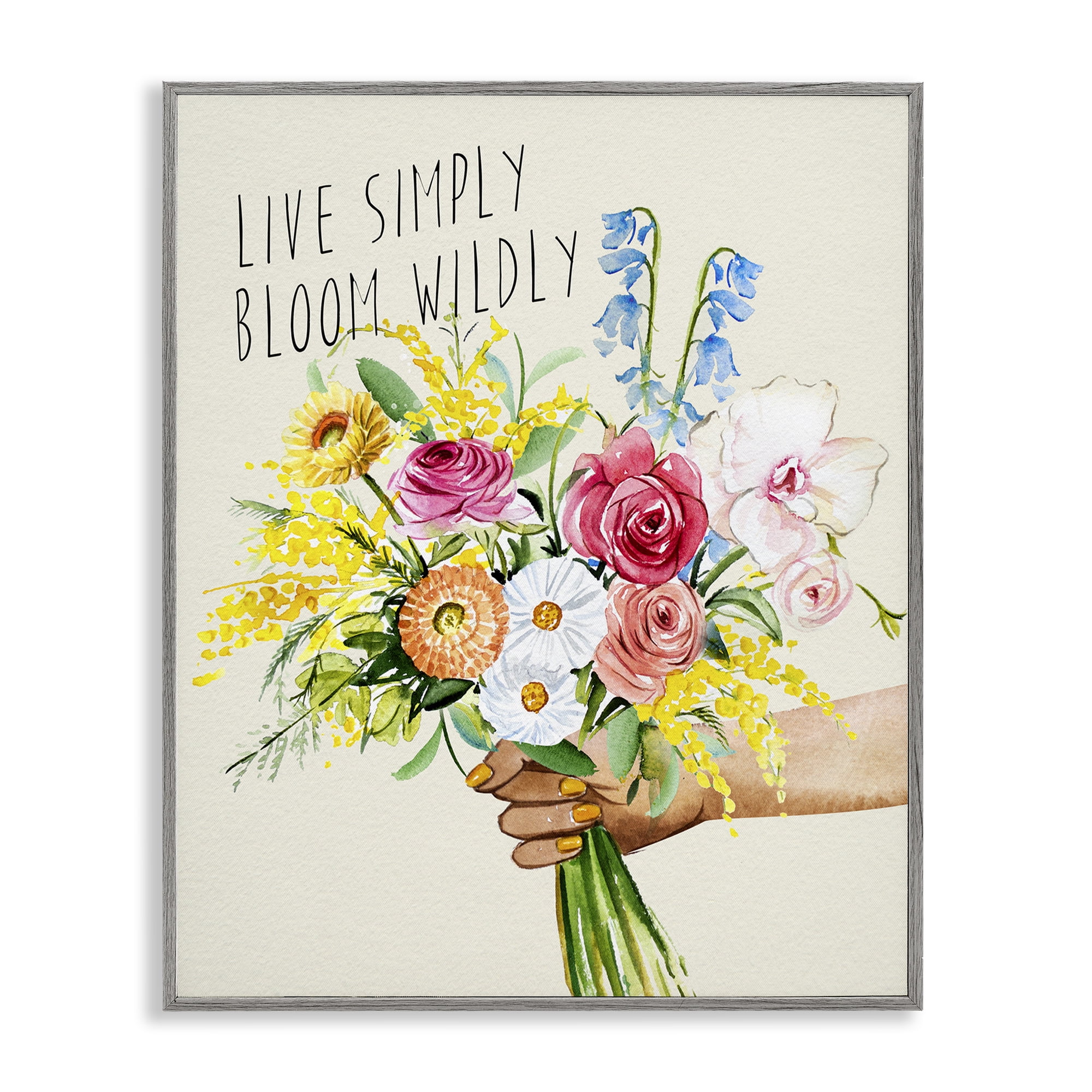 Stupell Industries Live Simply Bloom Wildly Botanical & Floral Painting Gray Framed Art Print Wall Art, 11 x 14
