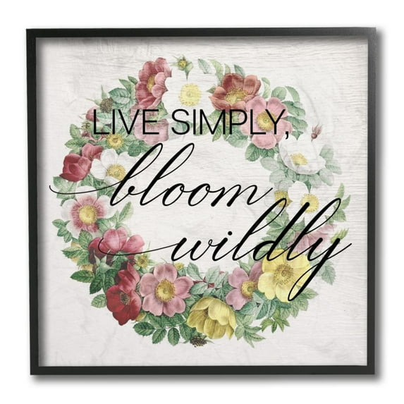 Stupell Industries Live Simply Bloom Wildly Quote Soft Floral Wreath Design by Daphne Polselli, 12" x 12", Black Framed