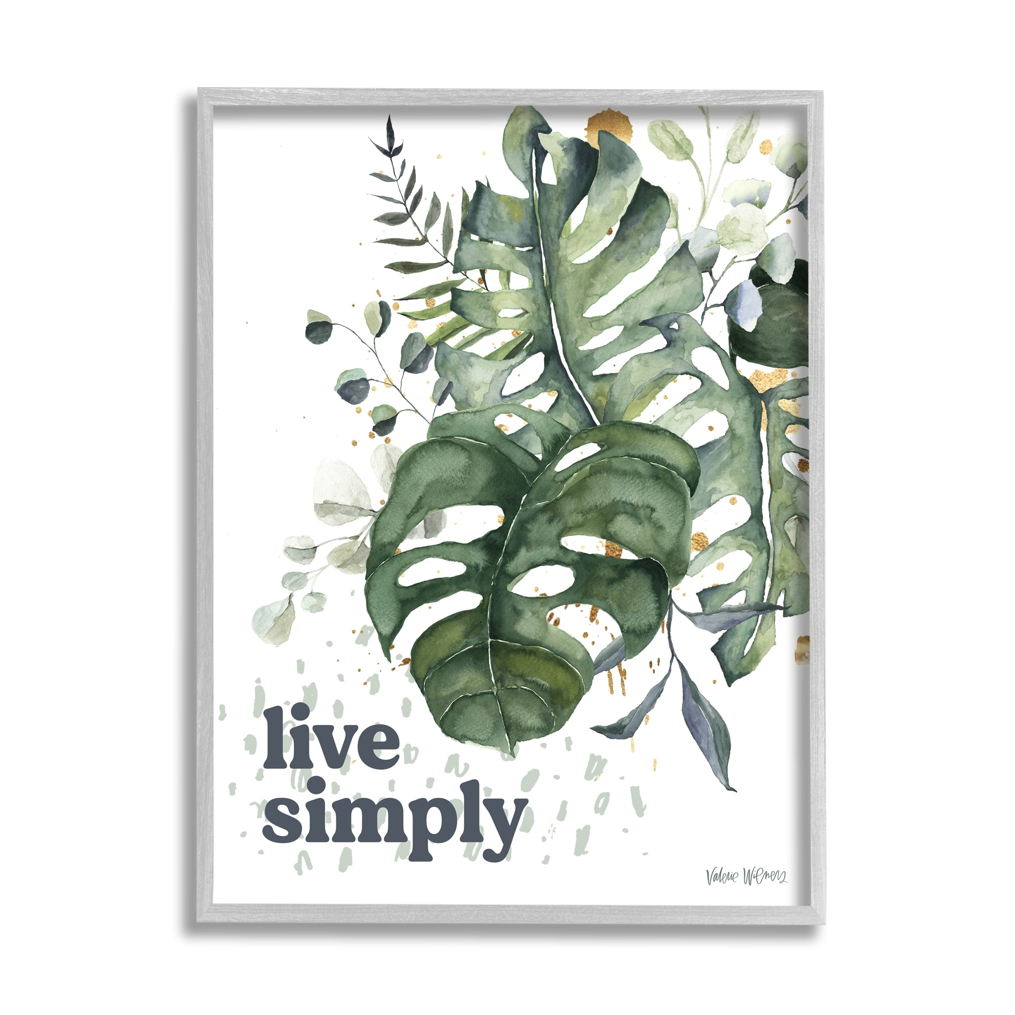 Stupell Industries Live Simply Text Lush Green Monstera Plant Leaves Graphic Art Gray Framed Art Print Wall Art, 11x14, by Valerie Wieners