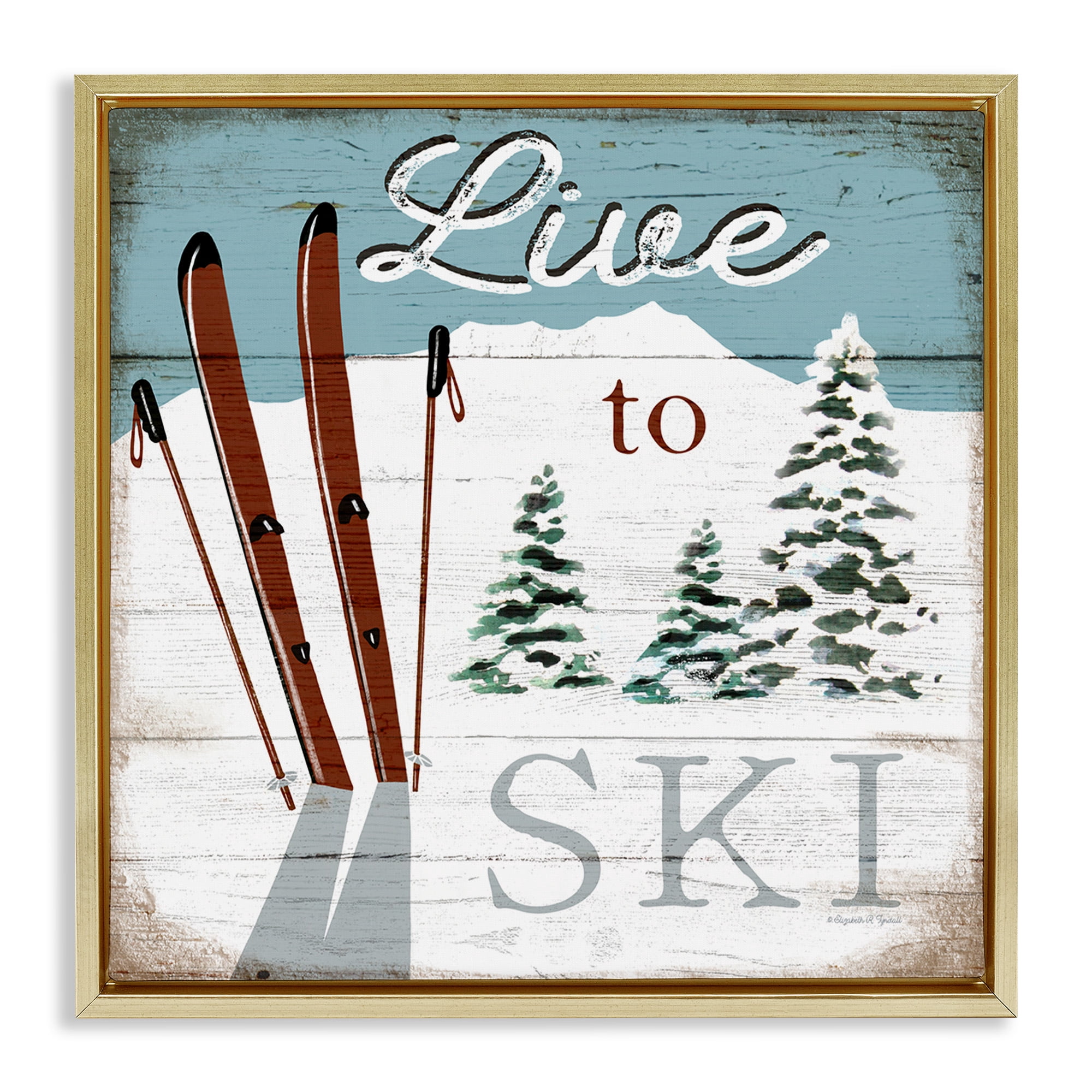Stupell Industries Live To Ski Rustic Snow Sports Sports Painting Gold Floater Framed Canvas Art Print Wall Art, 25 x 25