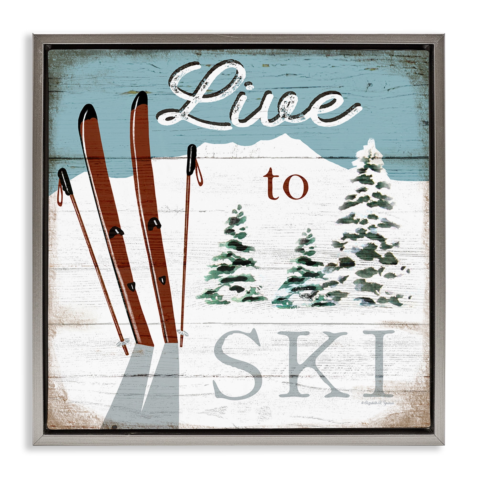 Stupell Industries Live To Ski Rustic Snow Sports Sports Painting Gray Floater Framed Canvas Art Print Wall Art, 25 x 25