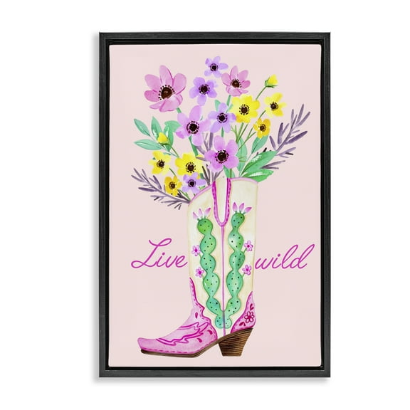 Stupell Industries Live Wild Cowgirl Boot Botanical & Floral Painting Black Floater Framed Art Print Wall Art, 17 x 25