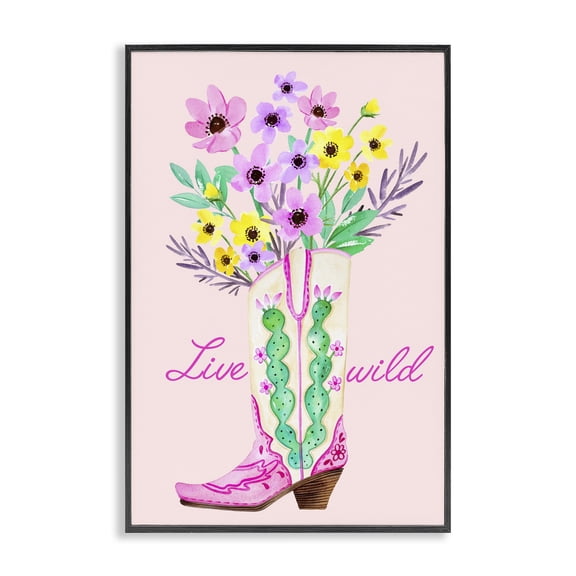 Stupell Industries Live Wild Cowgirl Boot Botanical & Floral Painting Black Framed Art Print Wall Art, 12 x 18