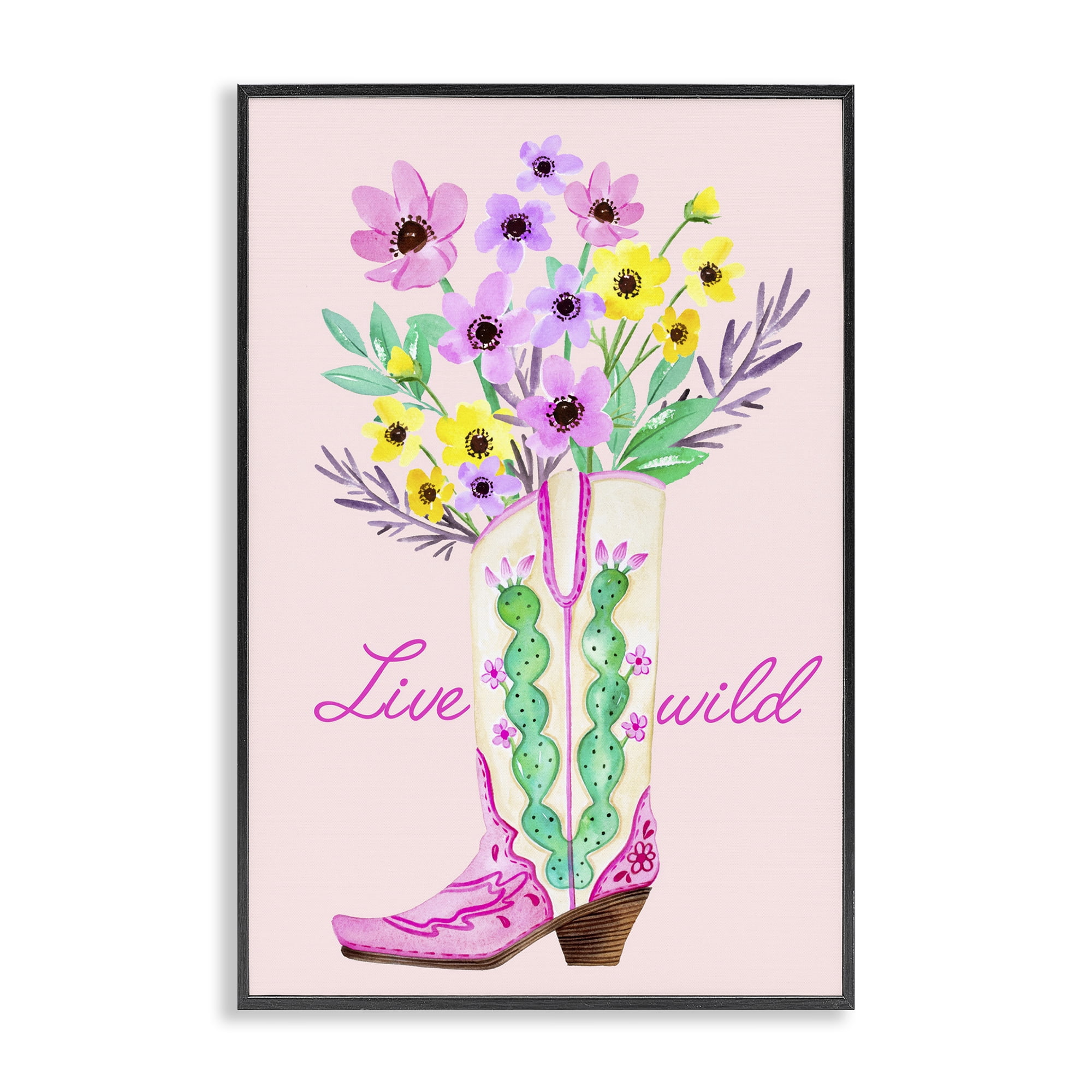 Stupell Industries Live Wild Cowgirl Boot Botanical & Floral Painting Black Framed Art Print Wall Art, 16 x 24