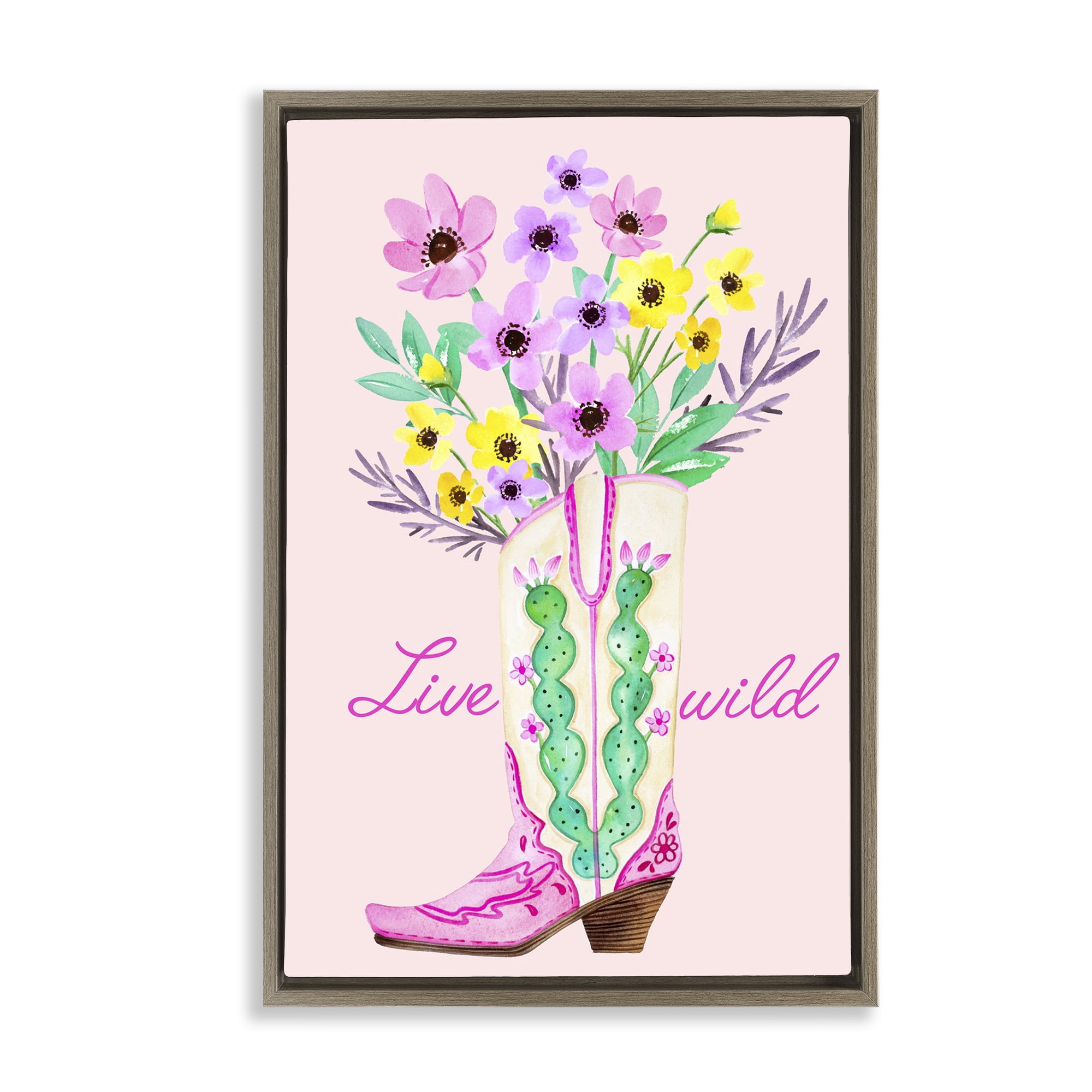 Stupell Industries Live Wild Cowgirl Boot Botanical & Floral Painting Brown Floater Framed Art Print Wall Art, 21 x 31