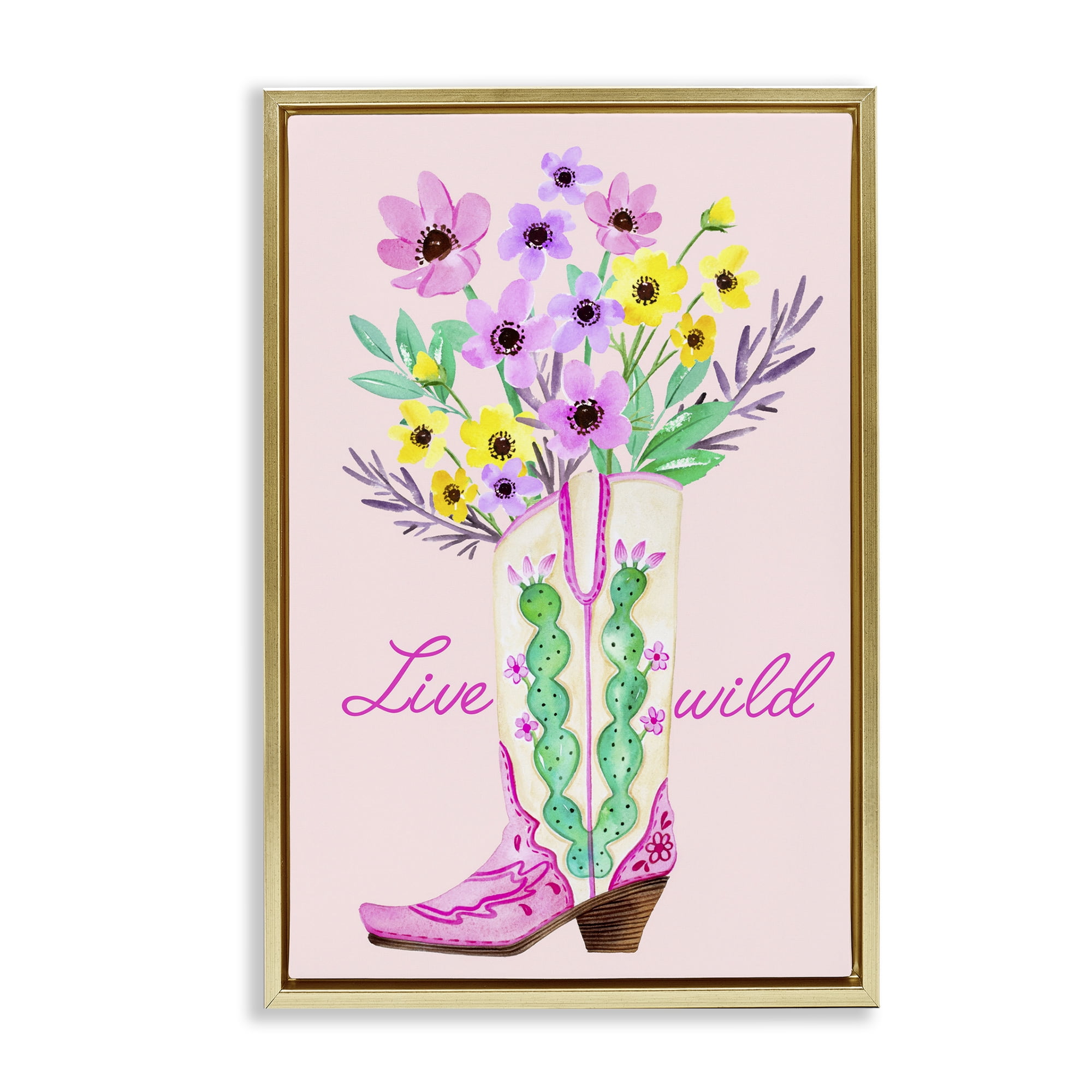 Stupell Industries Live Wild Cowgirl Boot Botanical & Floral Painting Gold Floater Framed Art Print Wall Art, 17 x 25