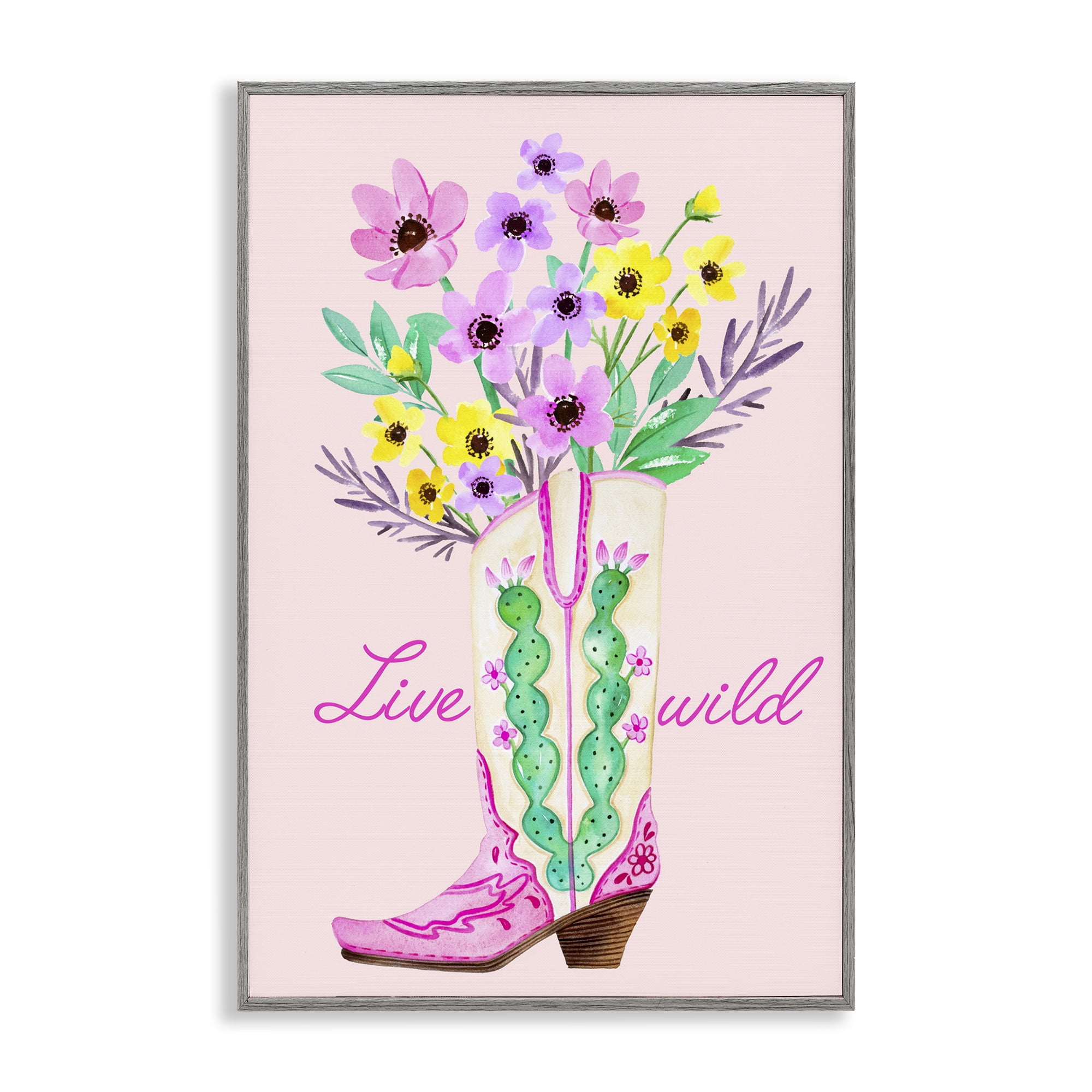 Stupell Industries Live Wild Cowgirl Boot Botanical & Floral Painting Gray Framed Art Print Wall Art, 16 x 24