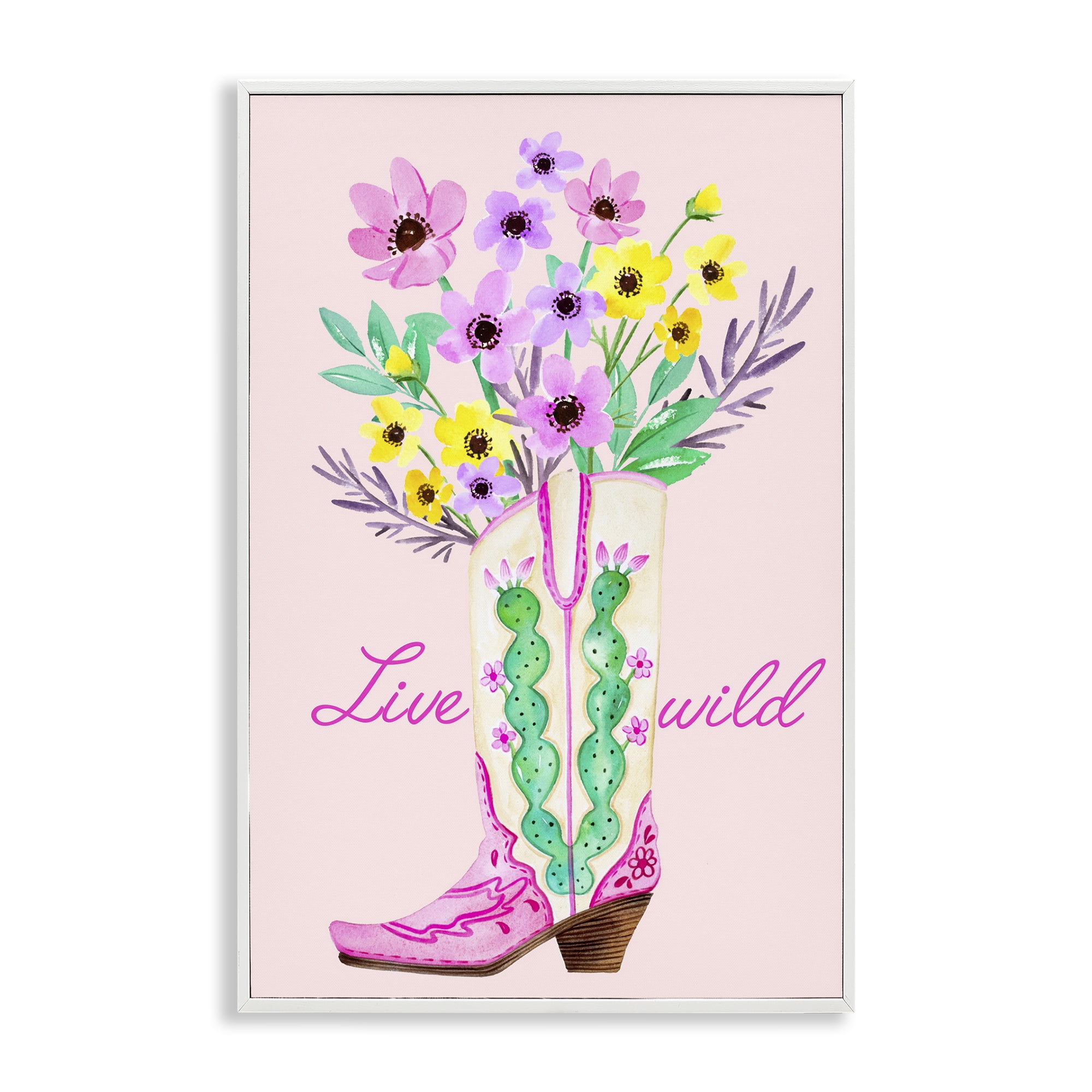 Stupell Industries Live Wild Cowgirl Boot Botanical & Floral Painting White Framed Art Print Wall Art, 12 x 18