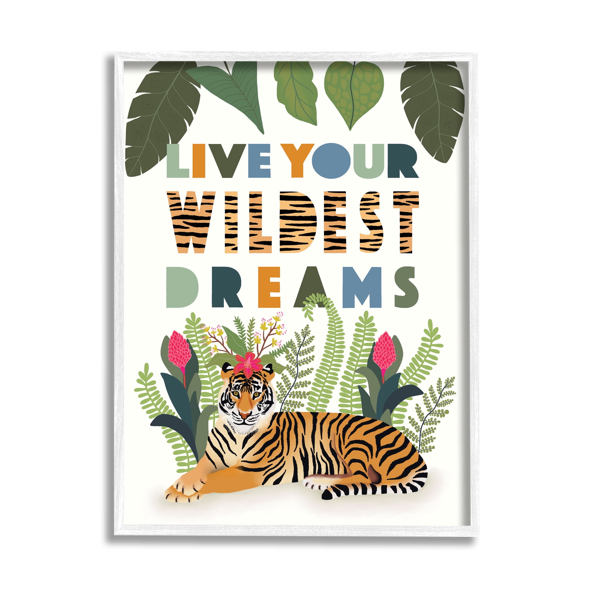 Stupell Industries Live Your Wildest Dreams Sentiment Tropical Tiger Forest, 16 x 20, Designed by Darlene Seale