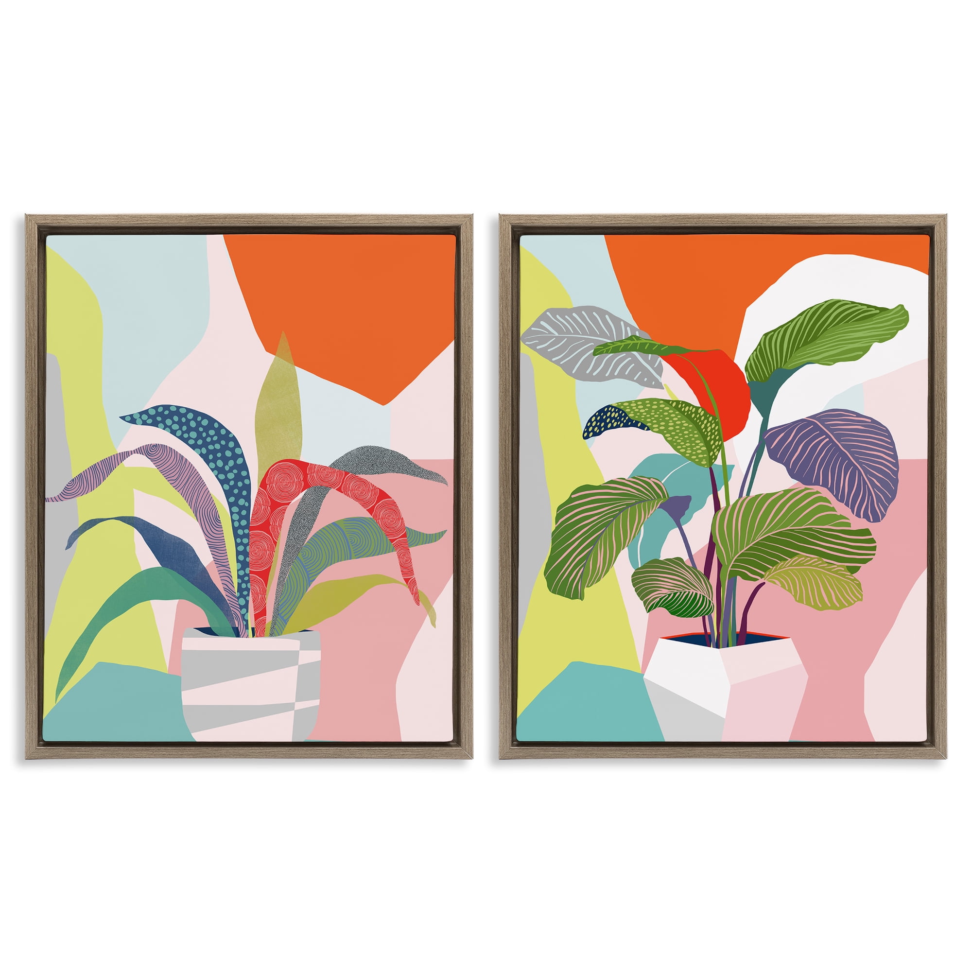 Stupell Industries Lively Patterned Plant Leaves Floral & Botanical Painting Brown Floater Framed Canvas Art Print Wall Art, 17 x 21, Set of 2