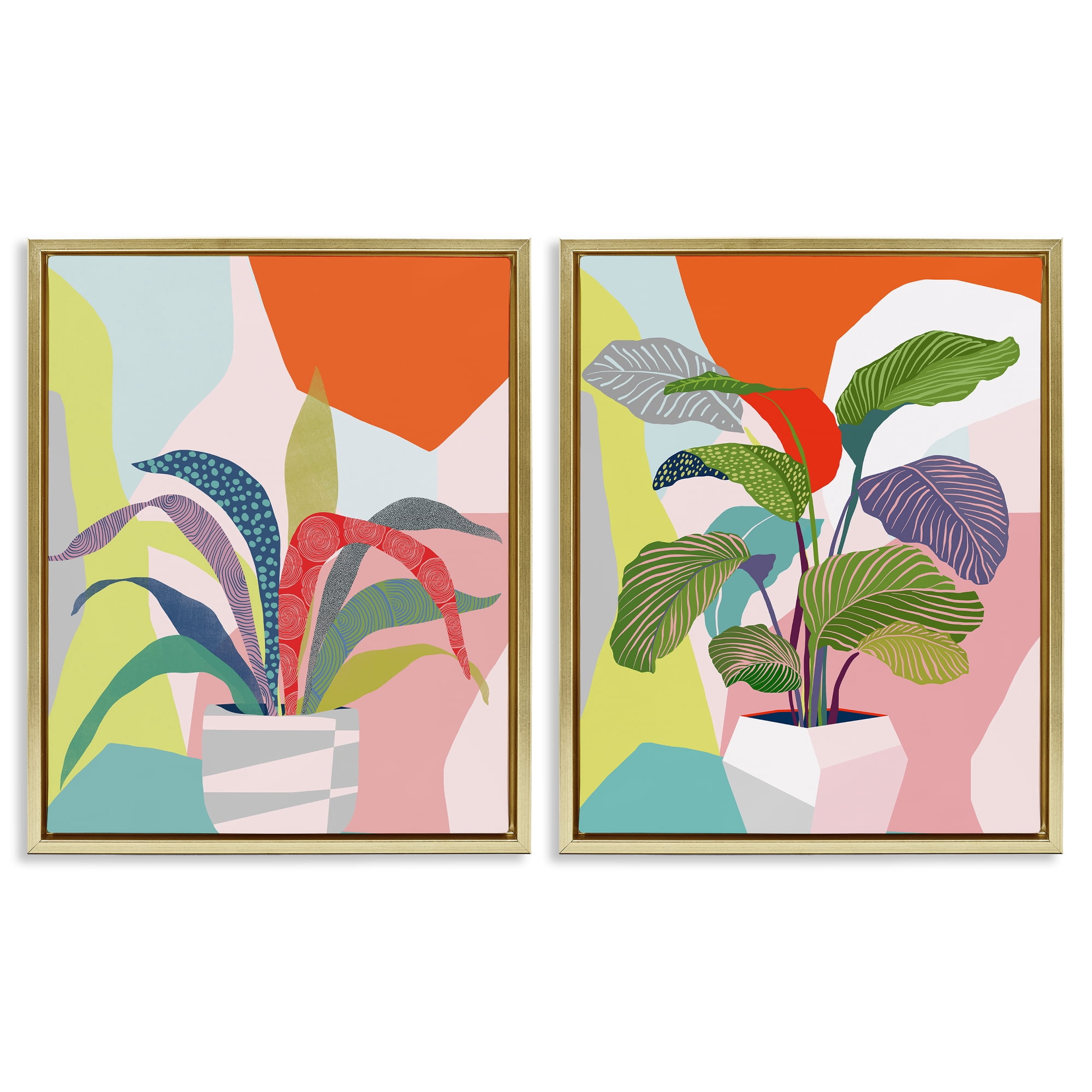 Stupell Industries Lively Patterned Plant Leaves Floral & Botanical Painting Gold Floater Framed Canvas Art Print Wall Art, 17 x 21, Set of 2