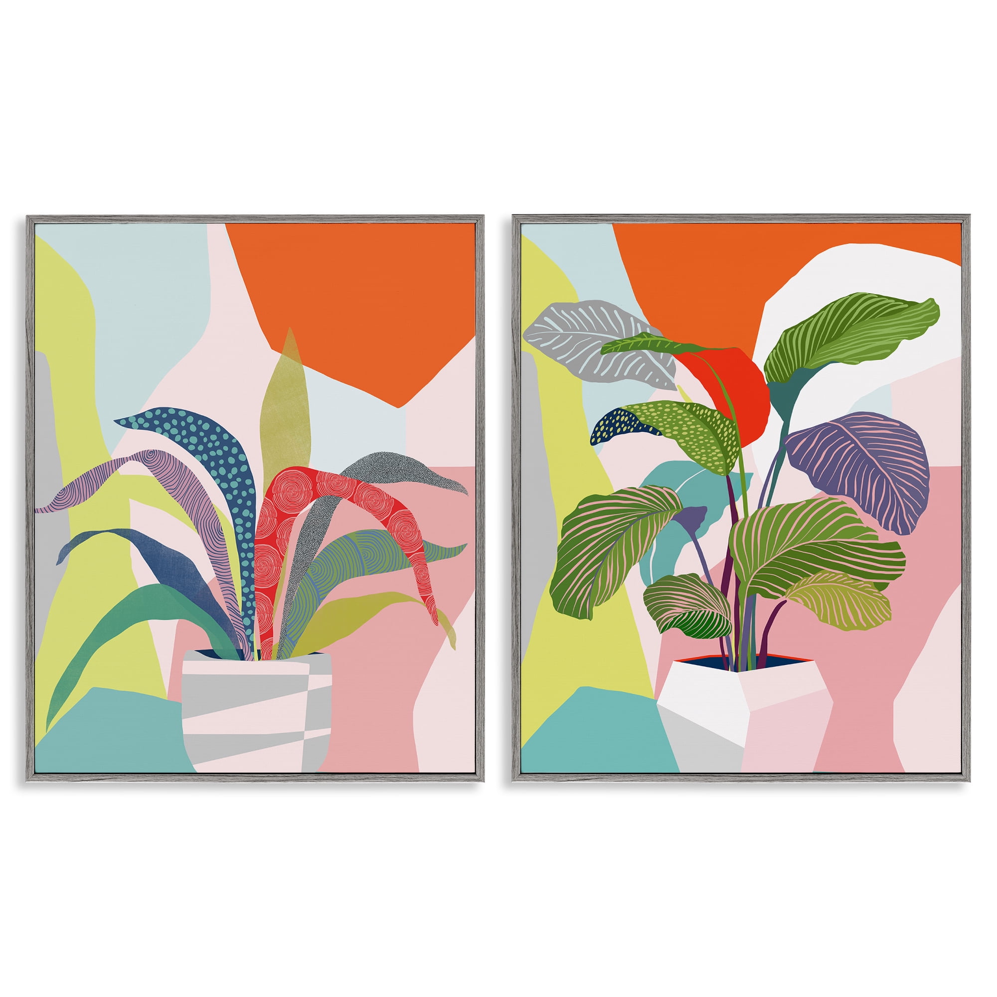 Stupell Industries Lively Patterned Plant Leaves Floral & Botanical Painting Gray Framed Art Print Wall Art, 11 x 14, Set of 2