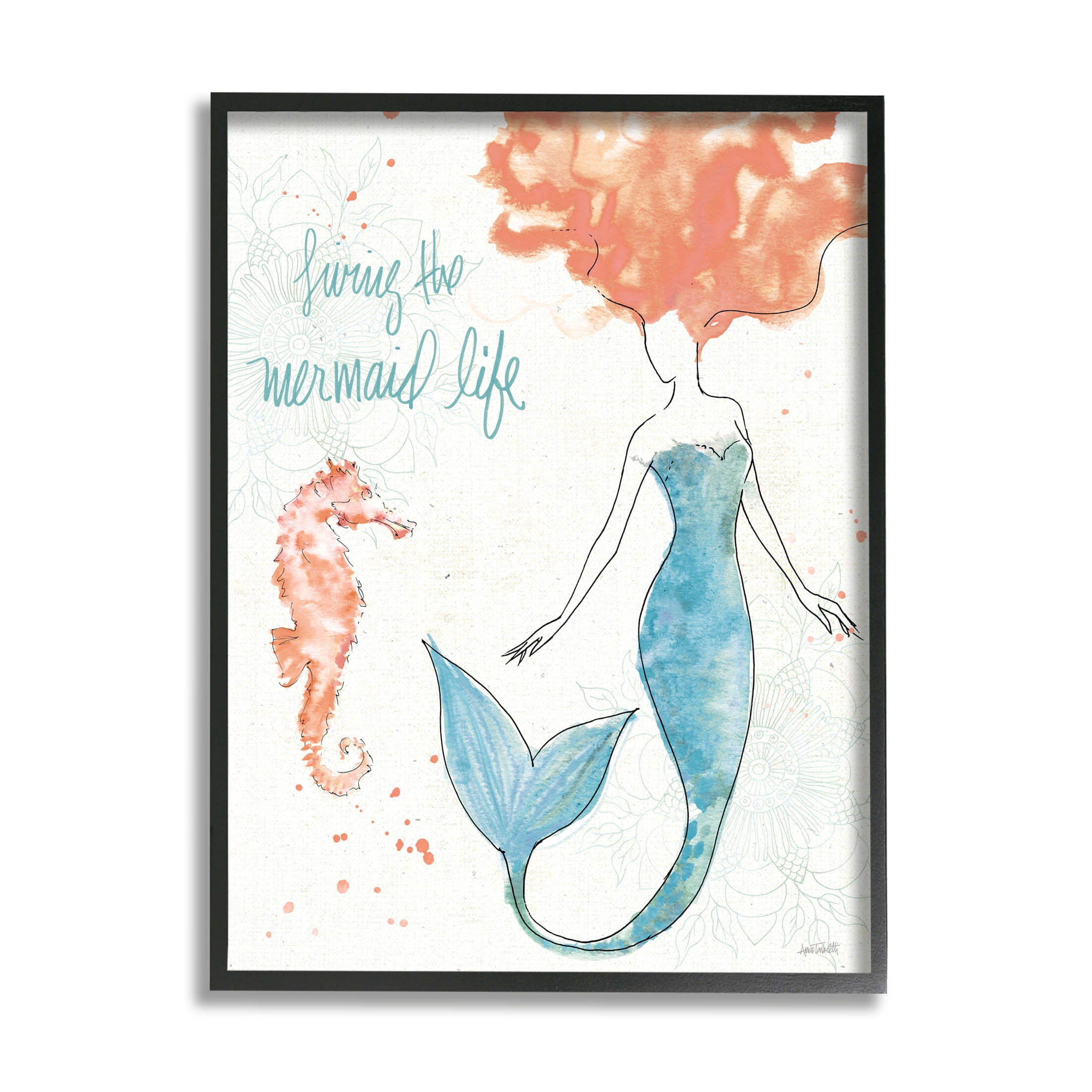 Stupell Industries Living The Mermaid Life Phrase Graphic Art Black Framed Art Print Wall Art, Design by Anne Tavoletti