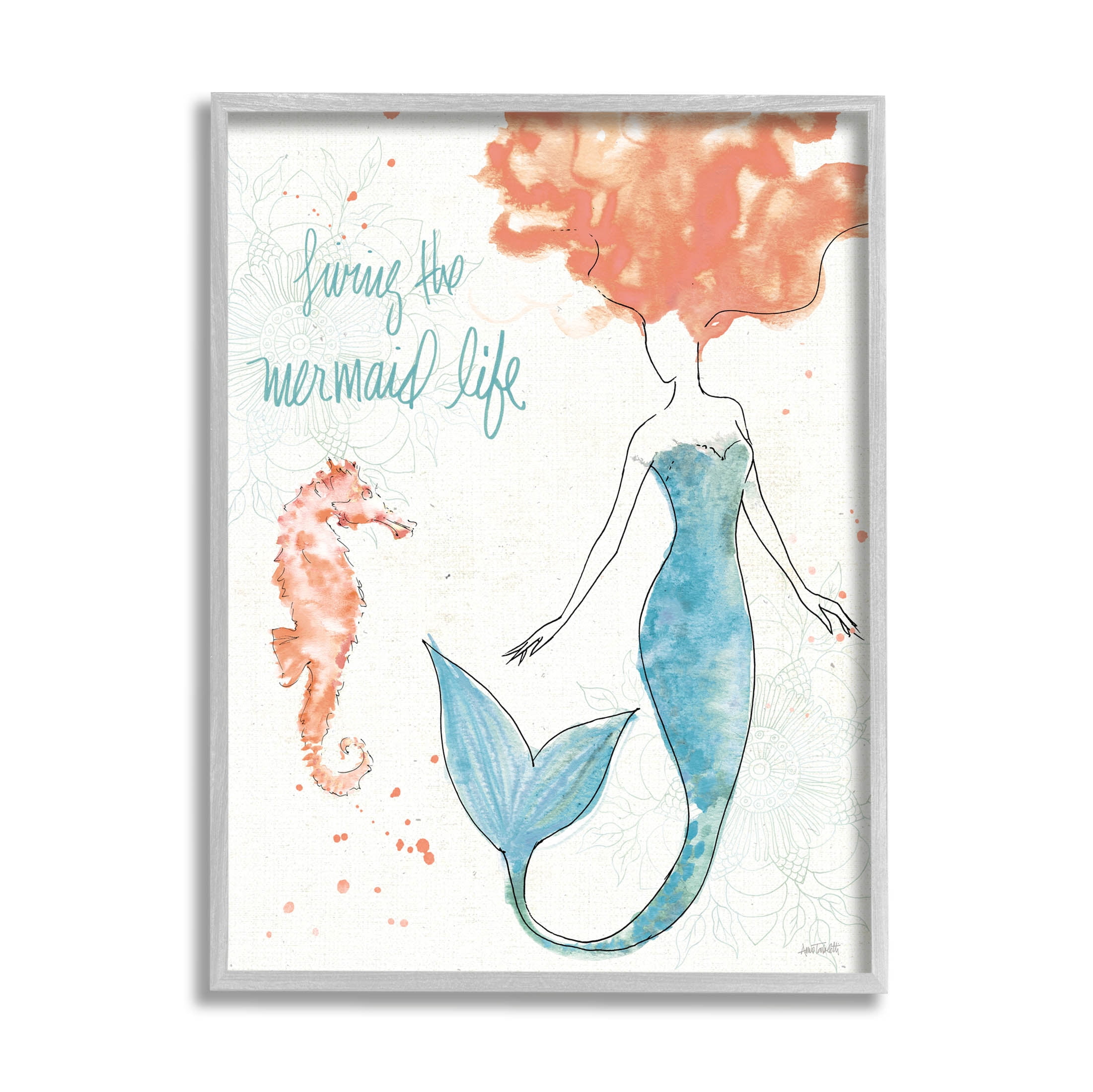 Stupell Industries Living The Mermaid Life Phrase Graphic Art Gray Framed Art Print Wall Art, Design by Anne Tavoletti