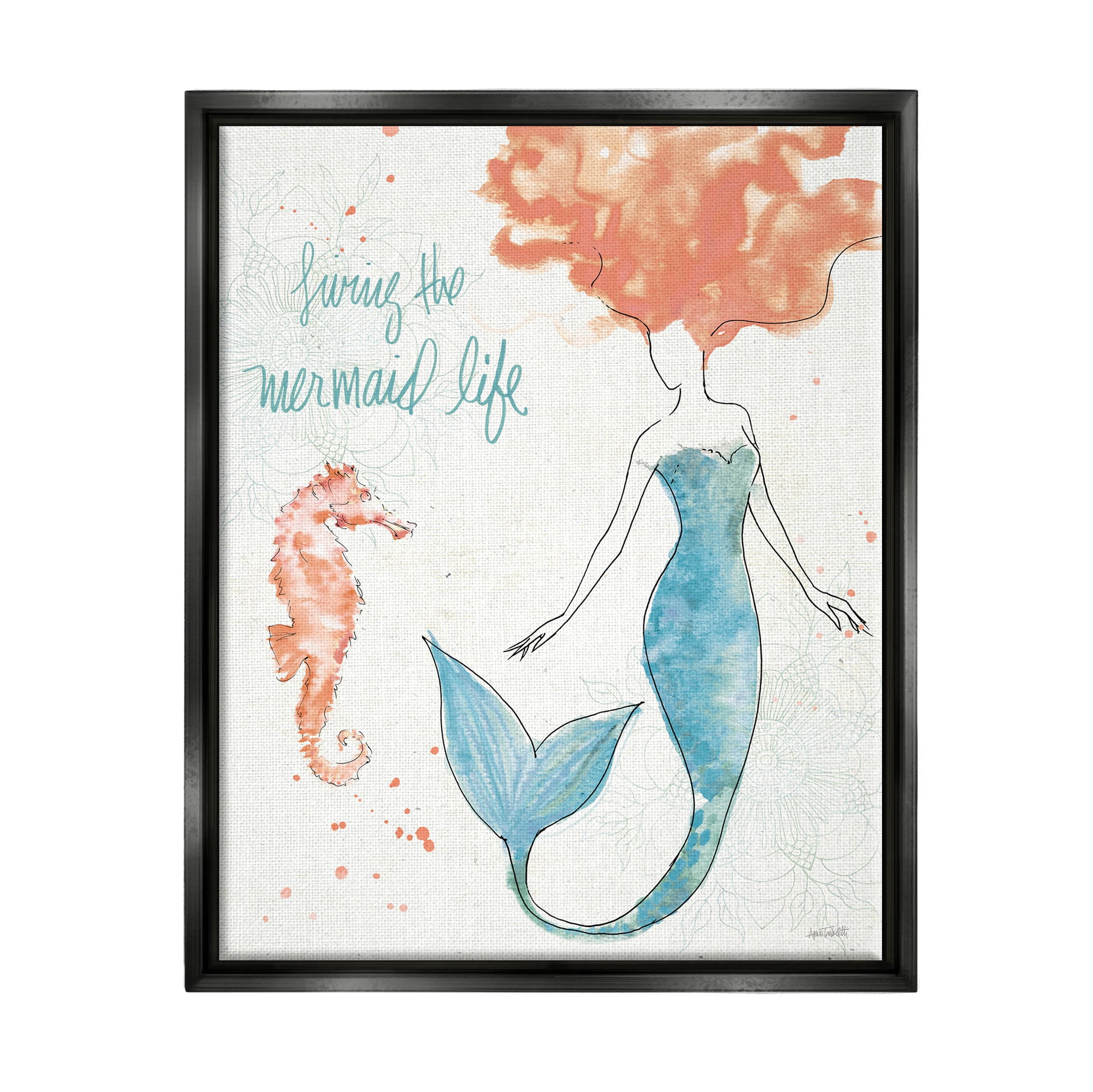 Stupell Industries Living The Mermaid Life Phrase Graphic Art Jet Black Floating Framed Canvas Print Wall Art, Design by Anne Tavoletti