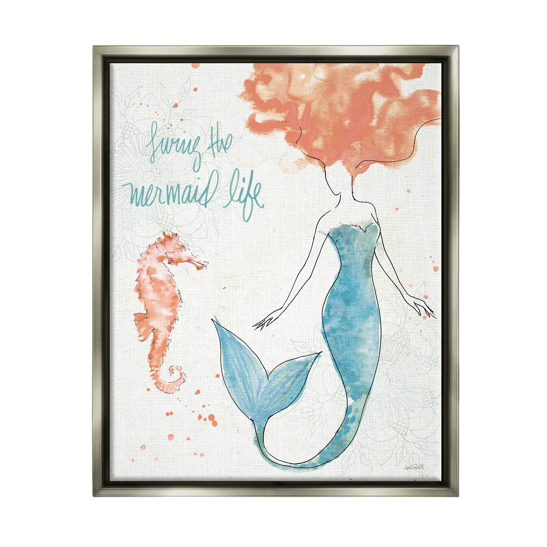 Stupell Industries Living The Mermaid Life Phrase Graphic Art Luster Gray Floating Framed Canvas Print Wall Art, Design by Anne Tavoletti