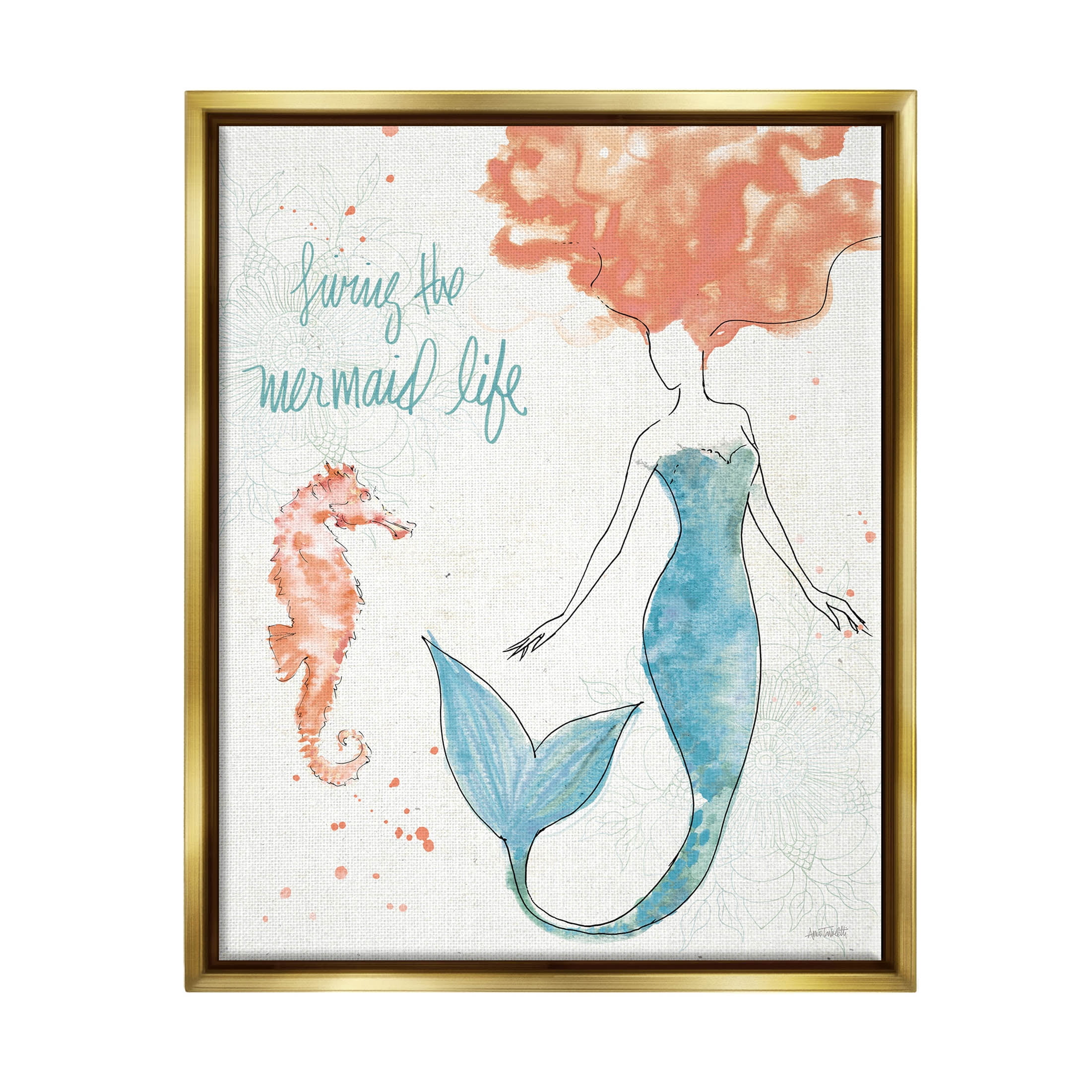 Stupell Industries Living The Mermaid Life Phrase Graphic Art Metallic Gold Floating Framed Canvas Print Wall Art, Design by Anne Tavoletti