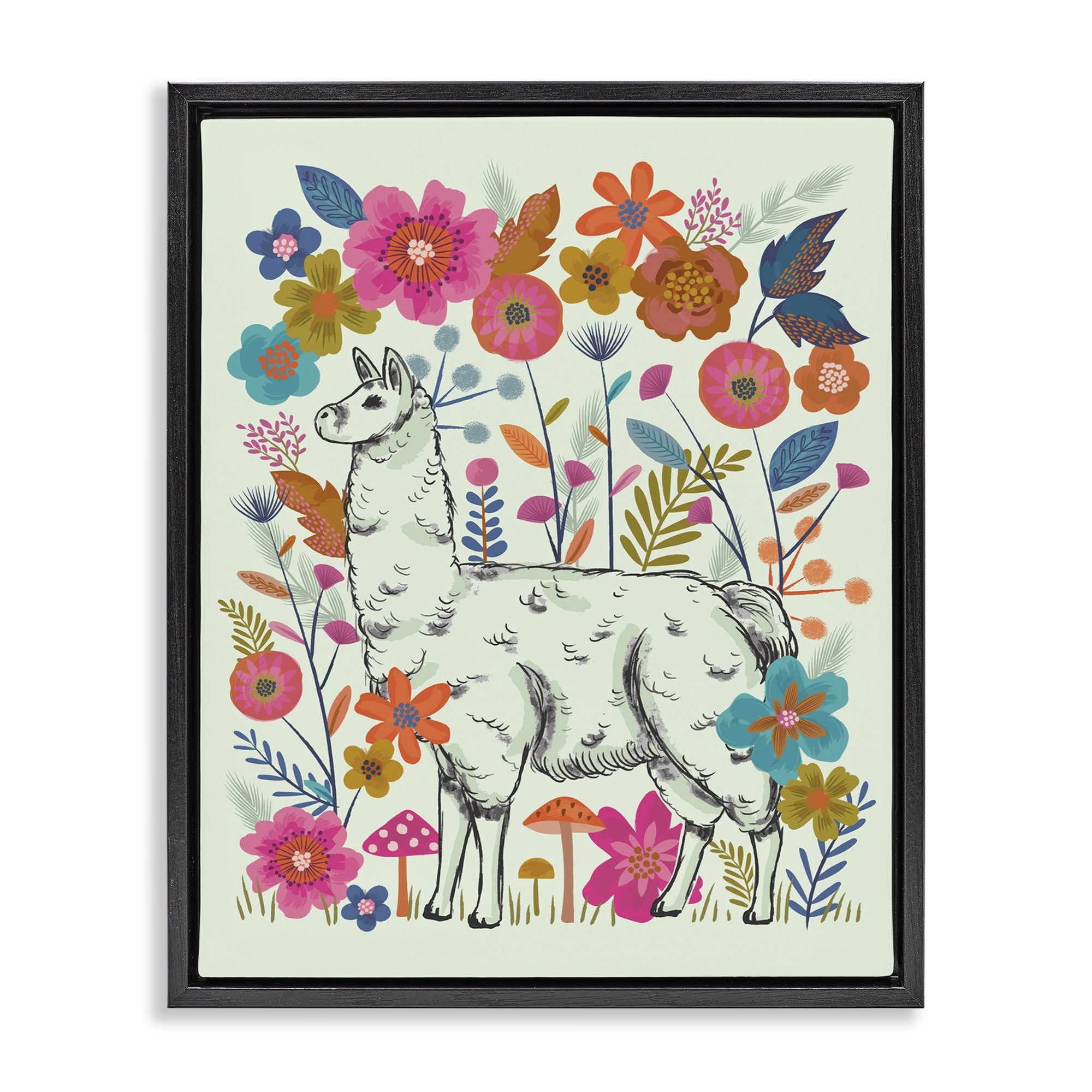 Stupell Industries Llama Among Bright Florals Animals Painting Black Floater Framed Canvas Art Print Wall Art, 25 x 31